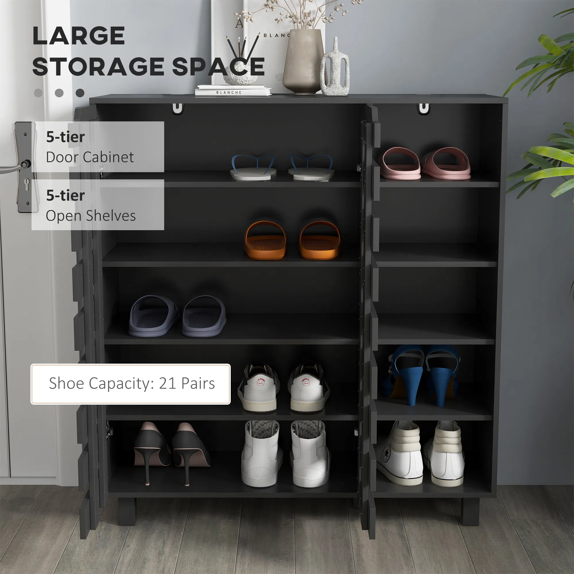 Shoe Cabinet, 21 Pair Shoe Storage Cabinet Organizer with 5-tier Double Door Cupboard and 5-tier Open Shelves, Black photo 3