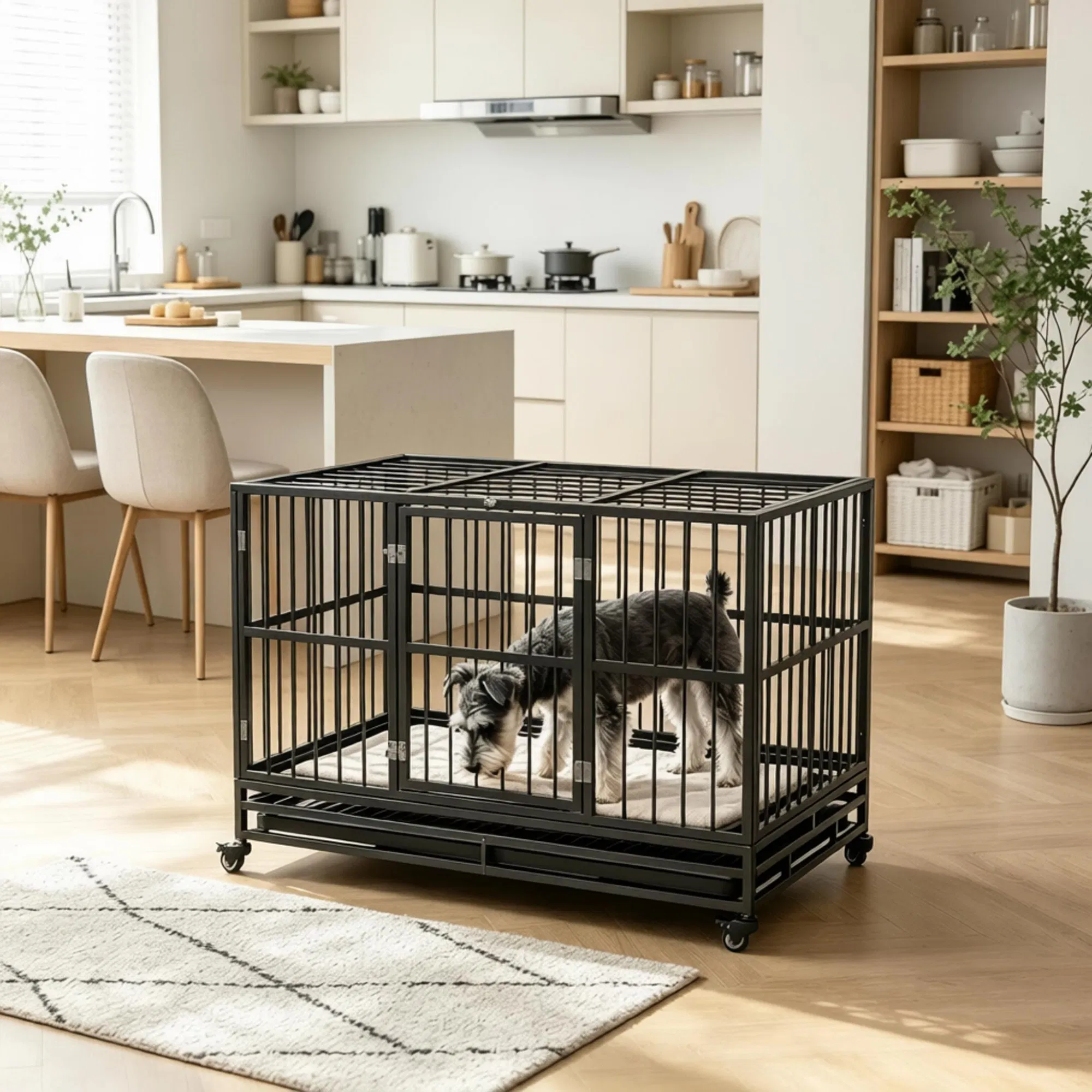 48" Heavy Duty Metal Dog Crate Kennel with Lockable Wheels Double Door Removable Tray Gray photo 2
