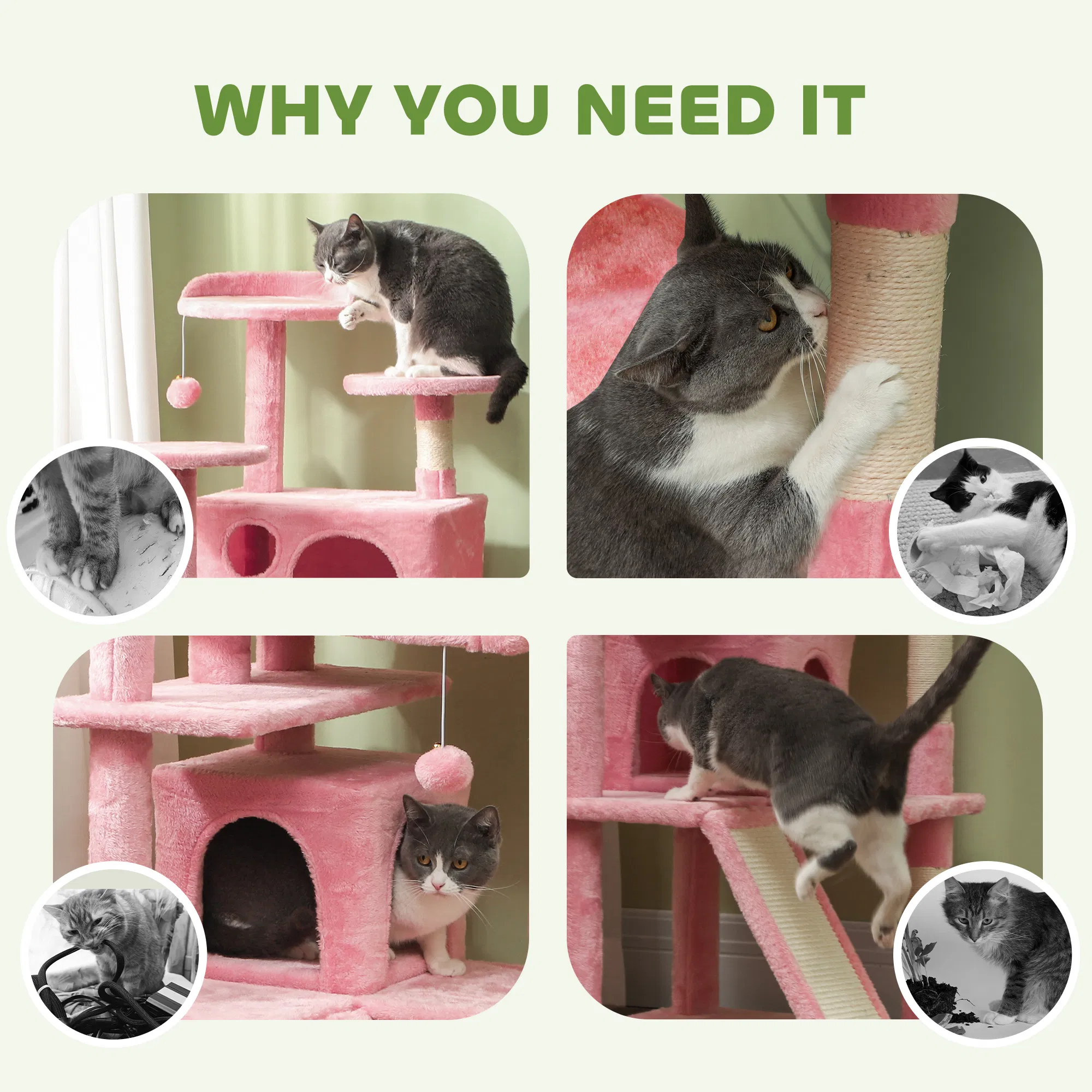 54" Cat Tree, Multi-Level Cat Tower with Scratching Posts, Cat Condos, Bed, Platforms, Ramp, Toy Ball, Pink photo 3