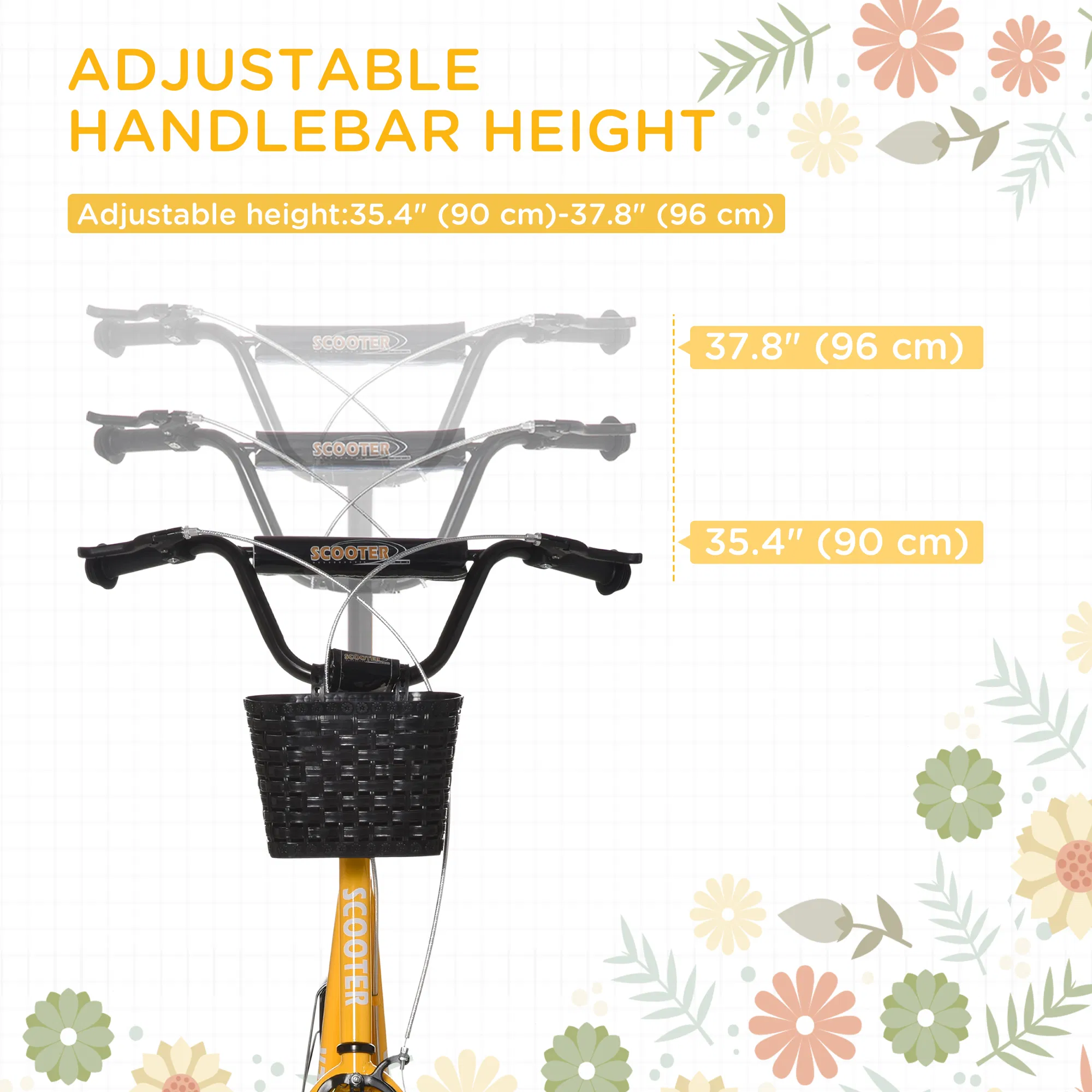 Kick Scooter with Adjustable Handlebar, Kids Scooter with 2 Brakes Basket Cupholder 16" Inflatable Rubber Tyres Orange photo 3