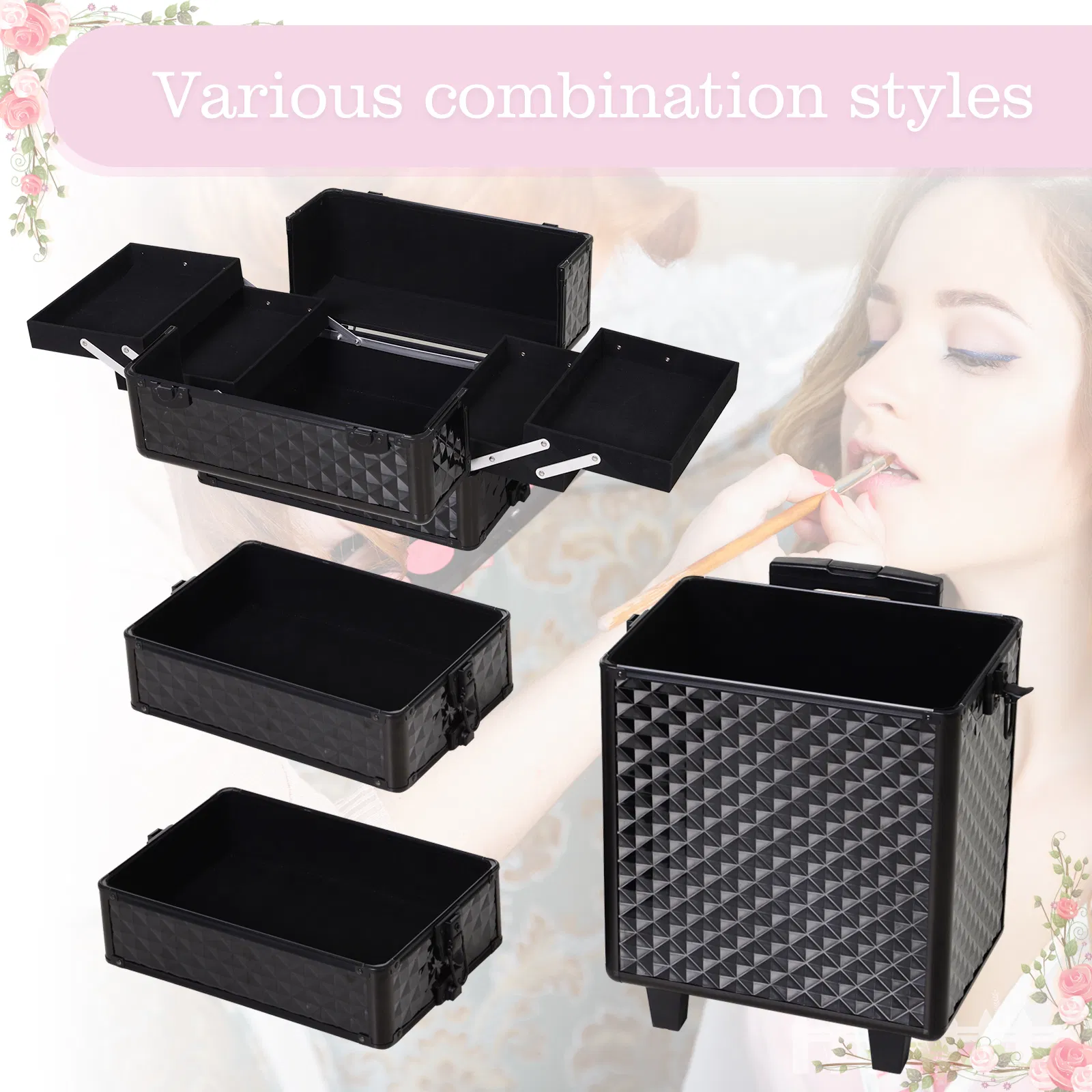 4 in 1 Makeup Train Case Portable Aluminum Rolling Cosmetic Organizer Trolley with Wheels Multiple Compartments Black photo 3
