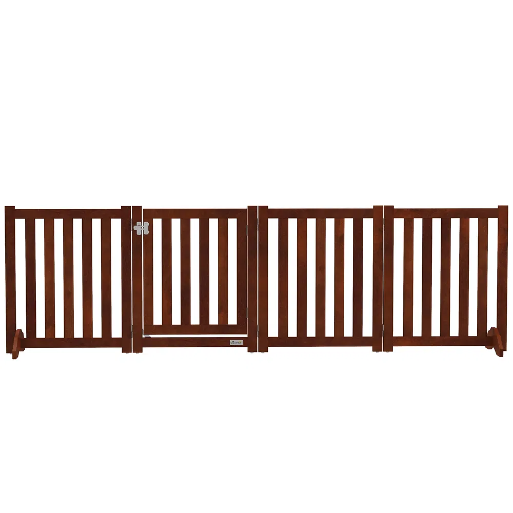 Foldable Dog Gate with Door, 4 Panels Fressstanding Pet Gate, Brown photo 7