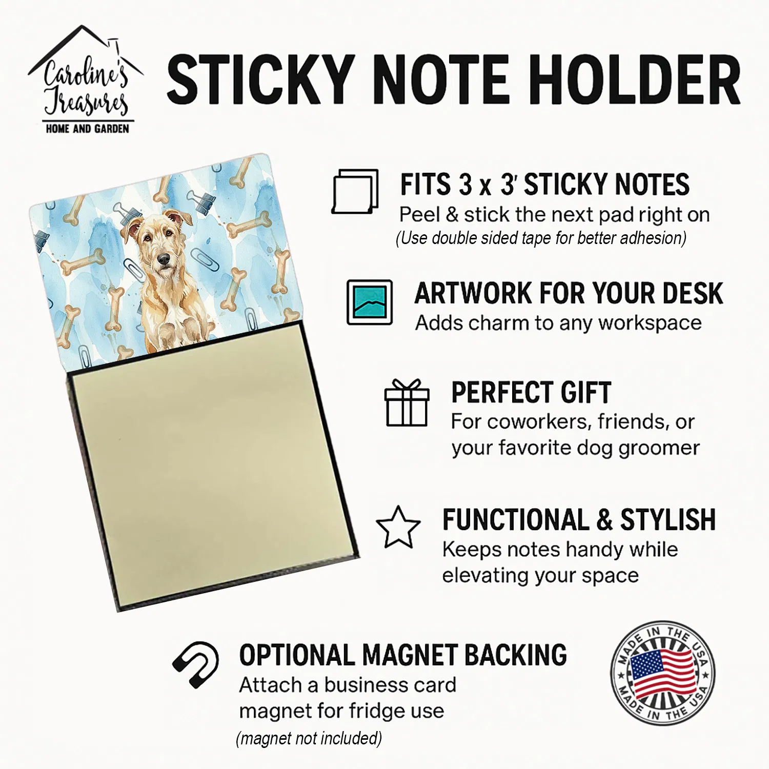 Wheaten Irish Wolfhound Coworker Watercolor Sticky Note Holder Refillable Dispenser Desk Accessory 3x3 Pad Gift photo 3