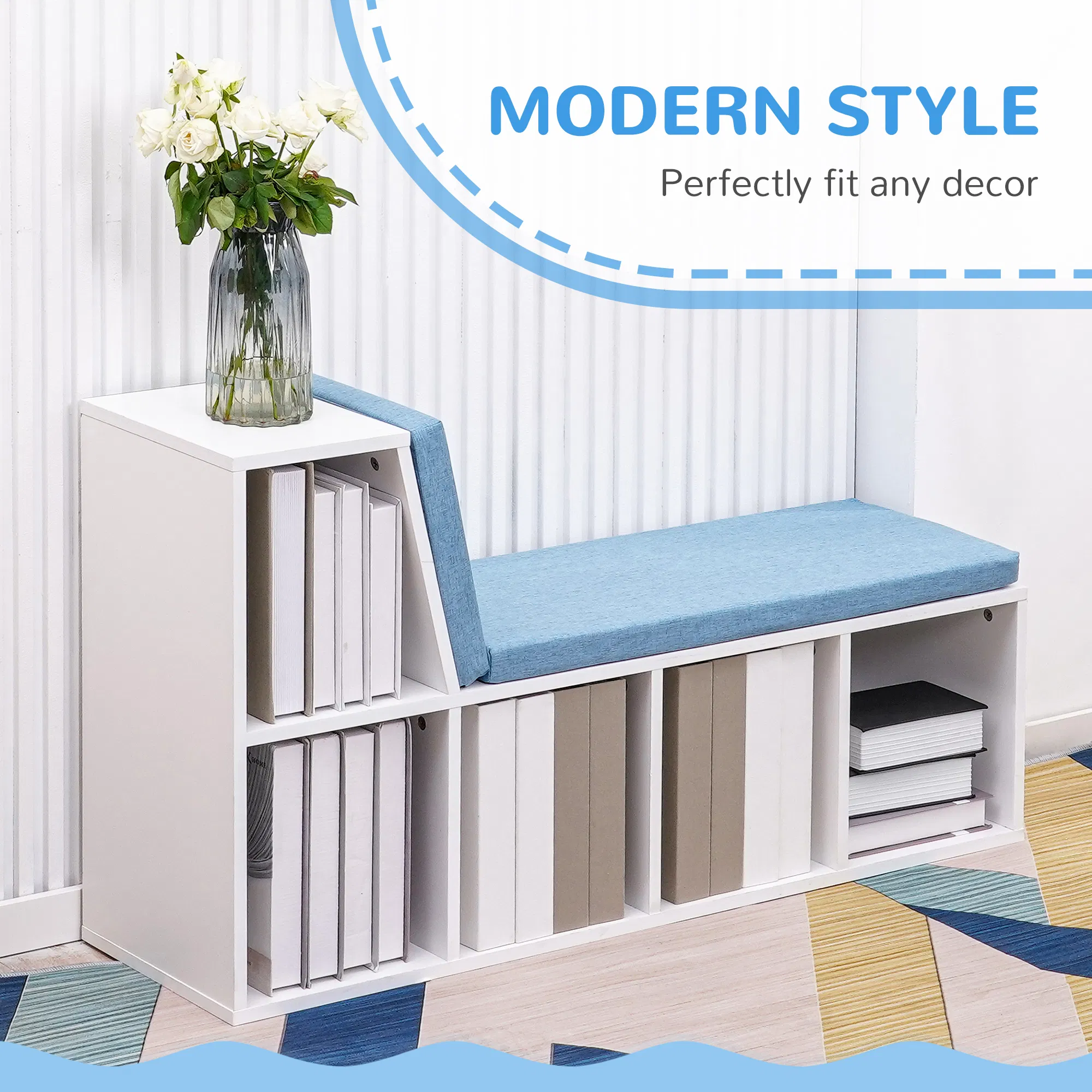 Multi-Purpose Bookshelf with 5 Cubes, 5-Cubby Bookcase with Cushioned Reading Nook and Storage Shelves, Blue photo 4