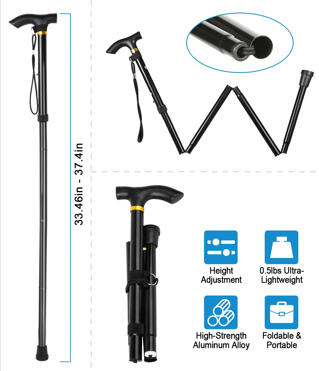 Travel Folding Trekking Hiking Pole,Collapsible Cane Adjustable Walking Stick Portable Mobility Aid for Women Men Hikers Gift,Black photo 6