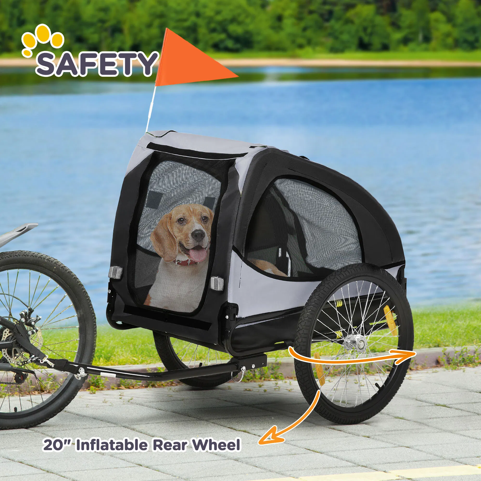 Dog Bike Trailer with Hitch Coupler, Quick Release Wheels, Reflectors, Flag for Medium Dogs, Black photo 5
