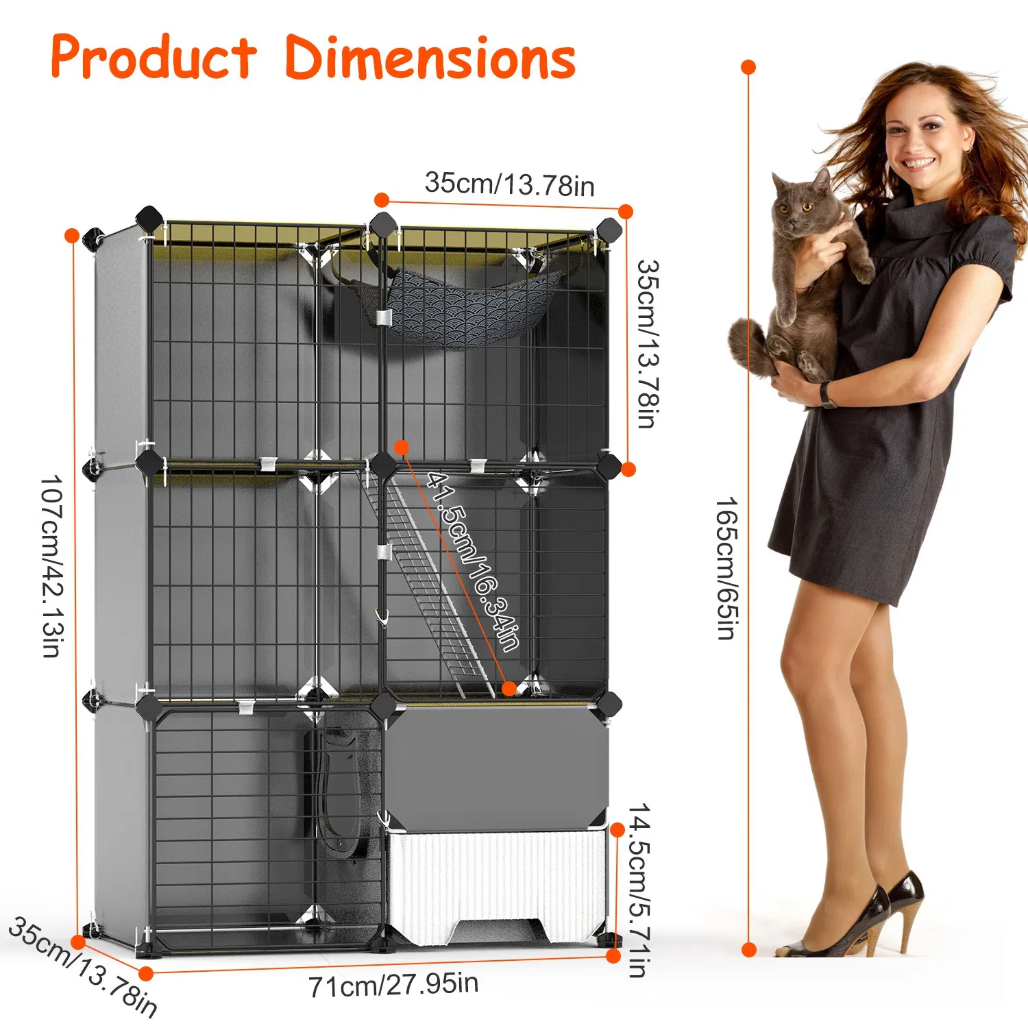 Multi-Level Cat Playpen Cage, 3-Tier Indoor Cat House with Built-in Litter Tray, Litter Scoop, Reversible Hammock for Kittens, Ferrets, Rabbits photo 6
