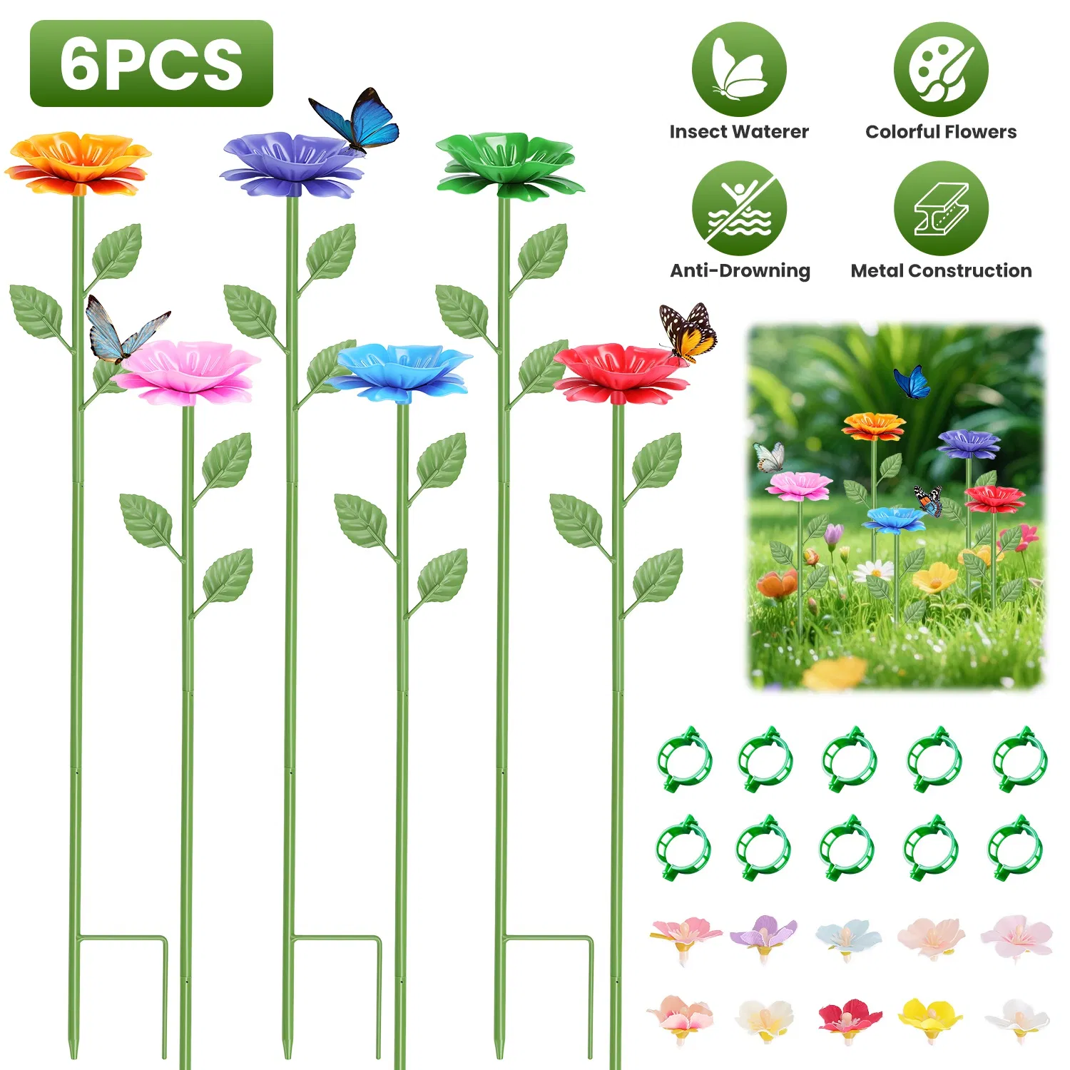 6Pack Metal Bee Watering Stations, Anti-Drowning Bee Butterfly Feeders Pollinator Stakes with Artificial Flowers for Outdoor Garden Courtyard Decor photo 1