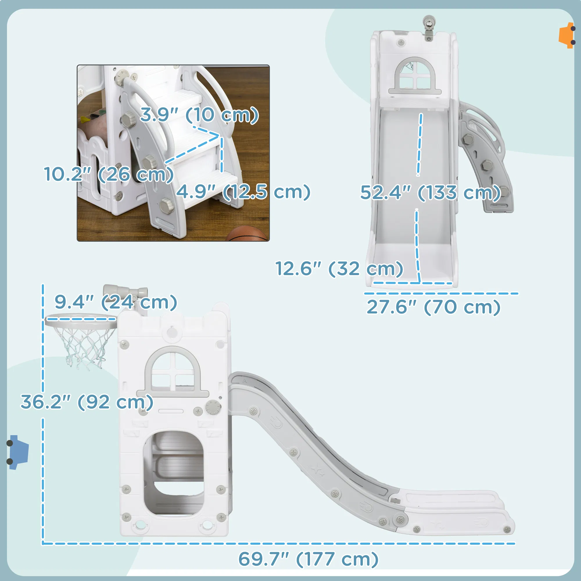 4 in 1 Toddler Slide with Basketball Hoop, Climber, Telescope, Storage Basket, for 1-3 Years Kids Indoor Use, Grey photo 6