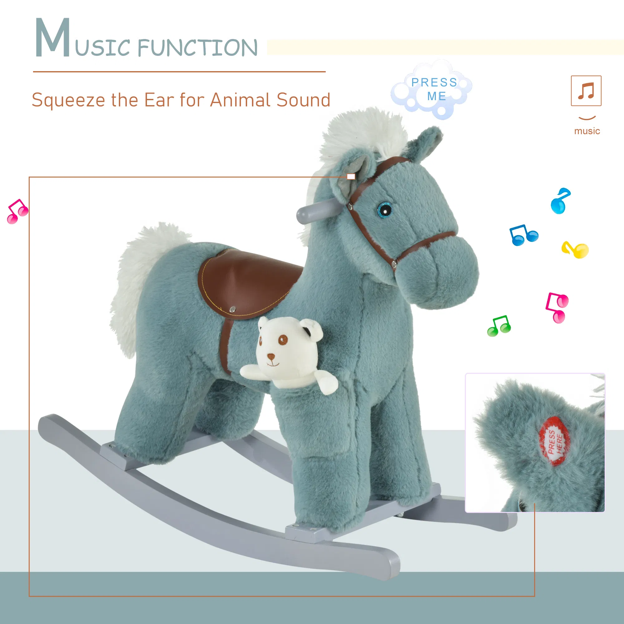 Kids Plush Ride-On Rocking Horse with Bear Toy, Children Chair with Soft Plush Toy & Fun Realistic Sounds, Blue photo 5