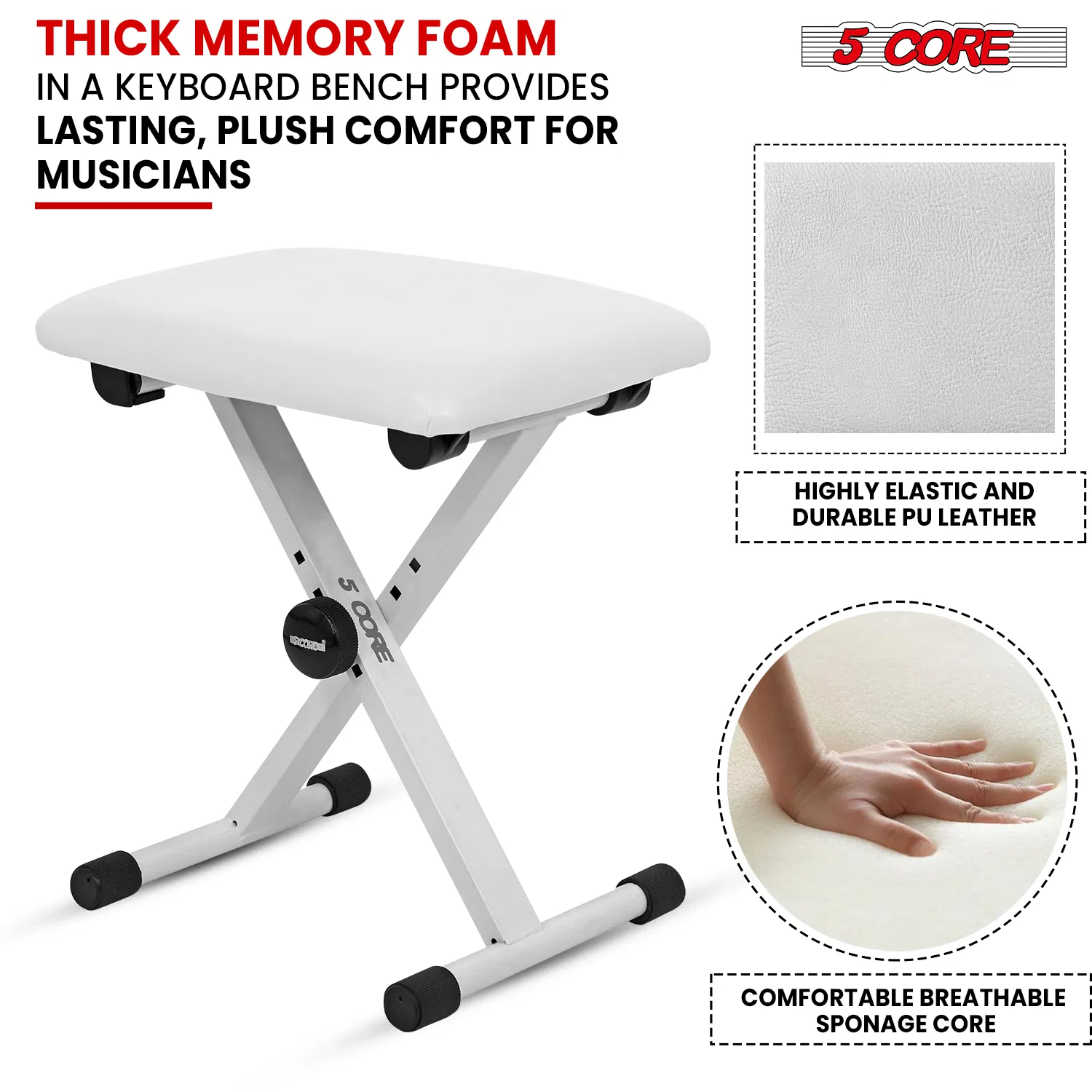 5 Core Keyboard Bench 2 Inch Padded Cushioned Piano Stool Height Adjustable 19" Guitar Seat Portable photo 5