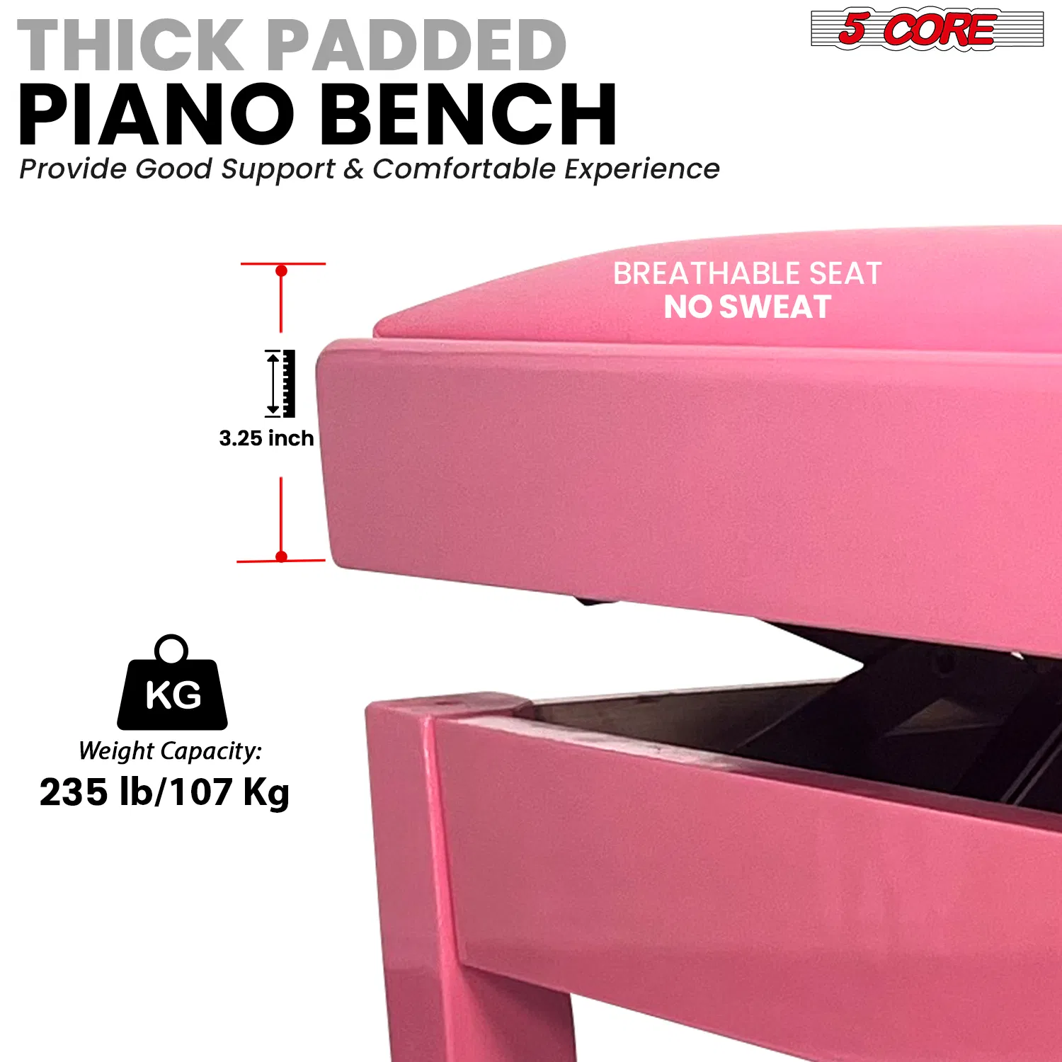 5 Core Adjustable Piano Bench Thick 3.25" Solid Wood Keyboard Stool Heavy Duty Musician Chair photo 6