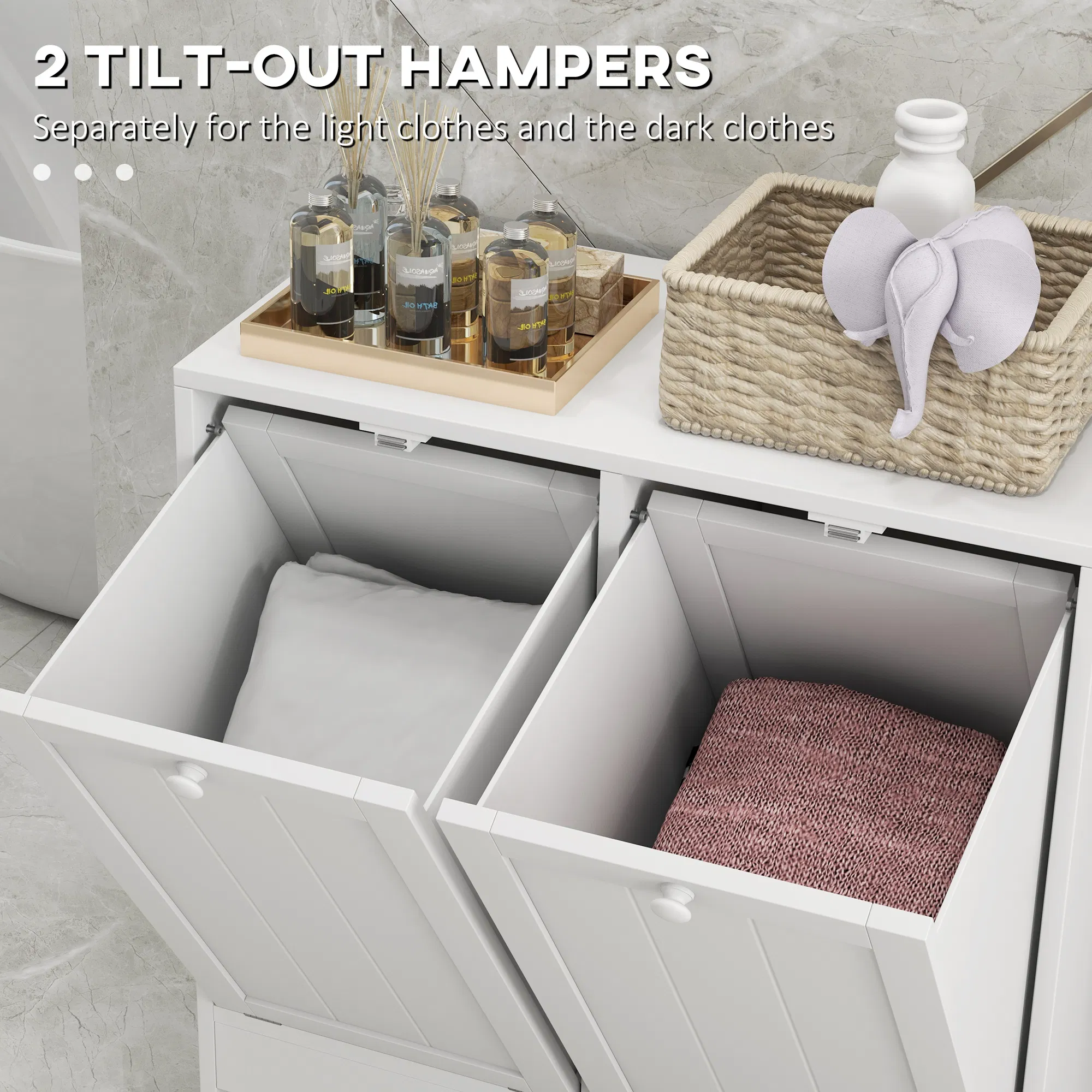 Tilt-Out Laundry Storage Cabinet, Modern Laundry Hamper with 2 Compartments for Bathroom Washroom, White photo 6