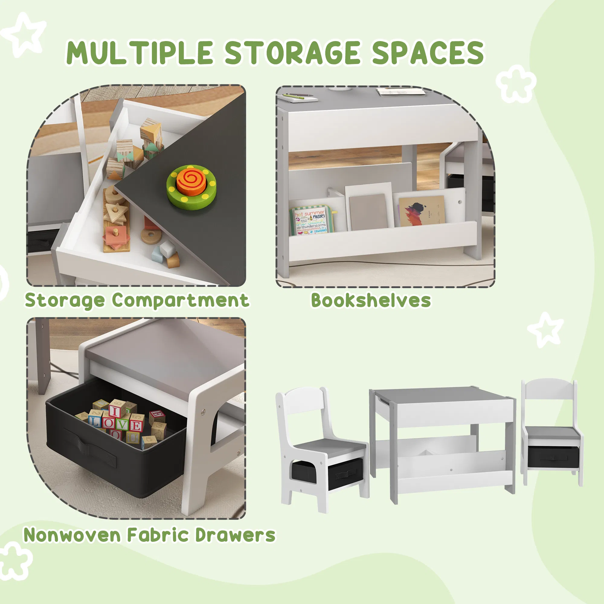 3 Piece Kids Table and Chair Set with Reversible Tabletop, Blackboard, Storage, Bookshelf, for Playroom, Nursery, Grey photo 3