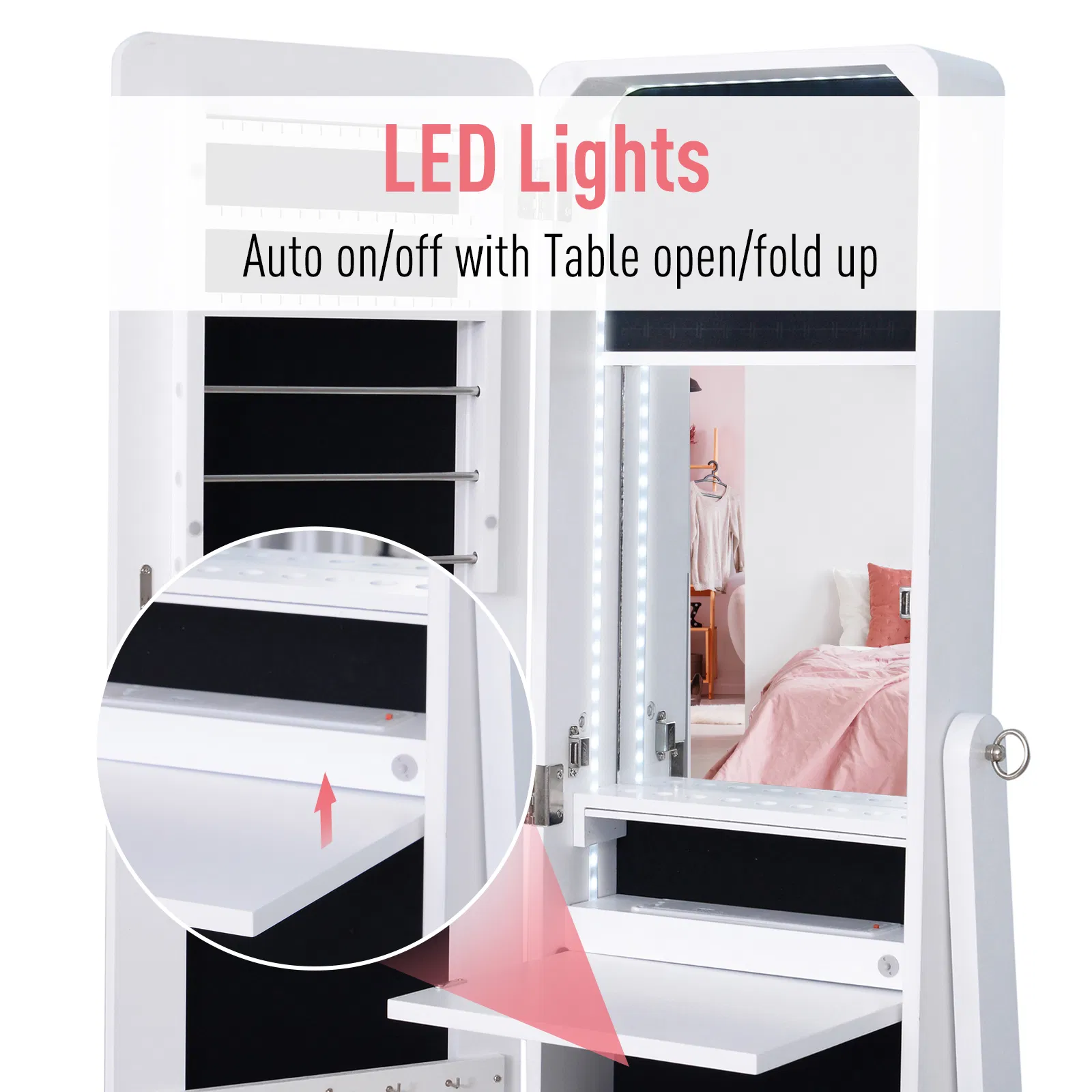 Mirrored Jewelry Armoire LED Lights Freestanding Organizer Adjustable Angle Lockable Cabinet White photo 3