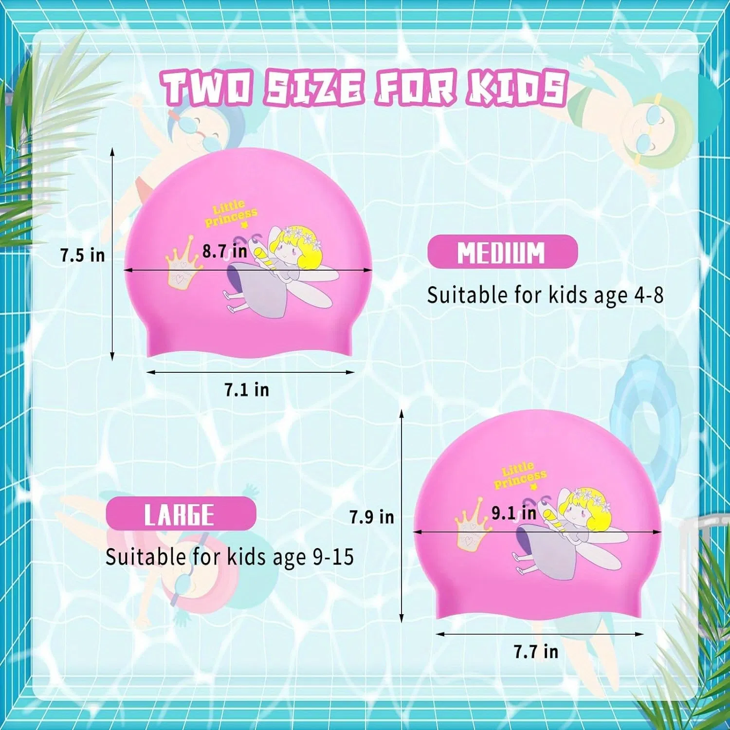 2 Pack Kids Swim Caps for Girls Boy Aged 9-15, Waterproof Bathing Cap for Long and Short Hair, Silicone Swimming Cap Swim Hats with Fairy Mermaid Cartoon photo 2
