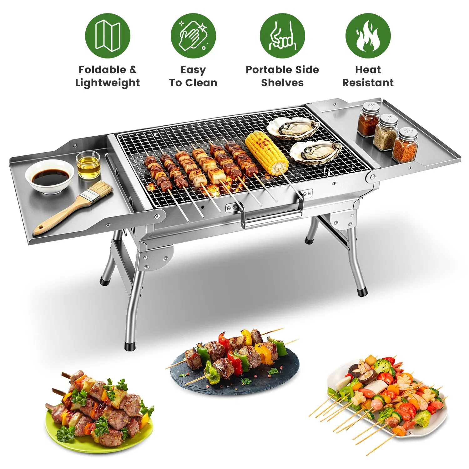 Foldable Charcoal Grill Portable BBQ Grill with Storage Shelf, Carry Handle, Air Vent Design, Chrome-Plated Grill Grate, 10 Skewers, Outdoor Barbecue Grill for Camping Picnic Backyard Travel photo 1