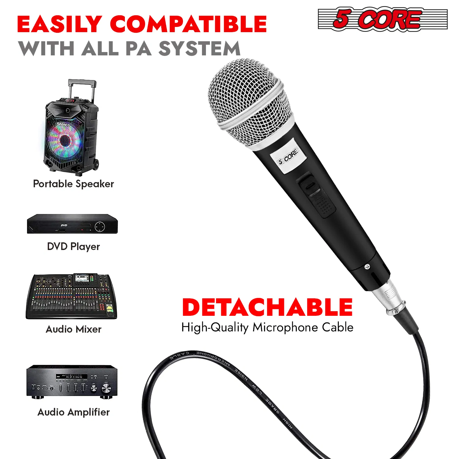 5 CORE Microphone Dynamic Vocal Handheld Mic Cardioid Unidirectional Microfono w On Off Switch + XLR Audio Cable for Singing Karaoke Public Speaking & Parties photo 8