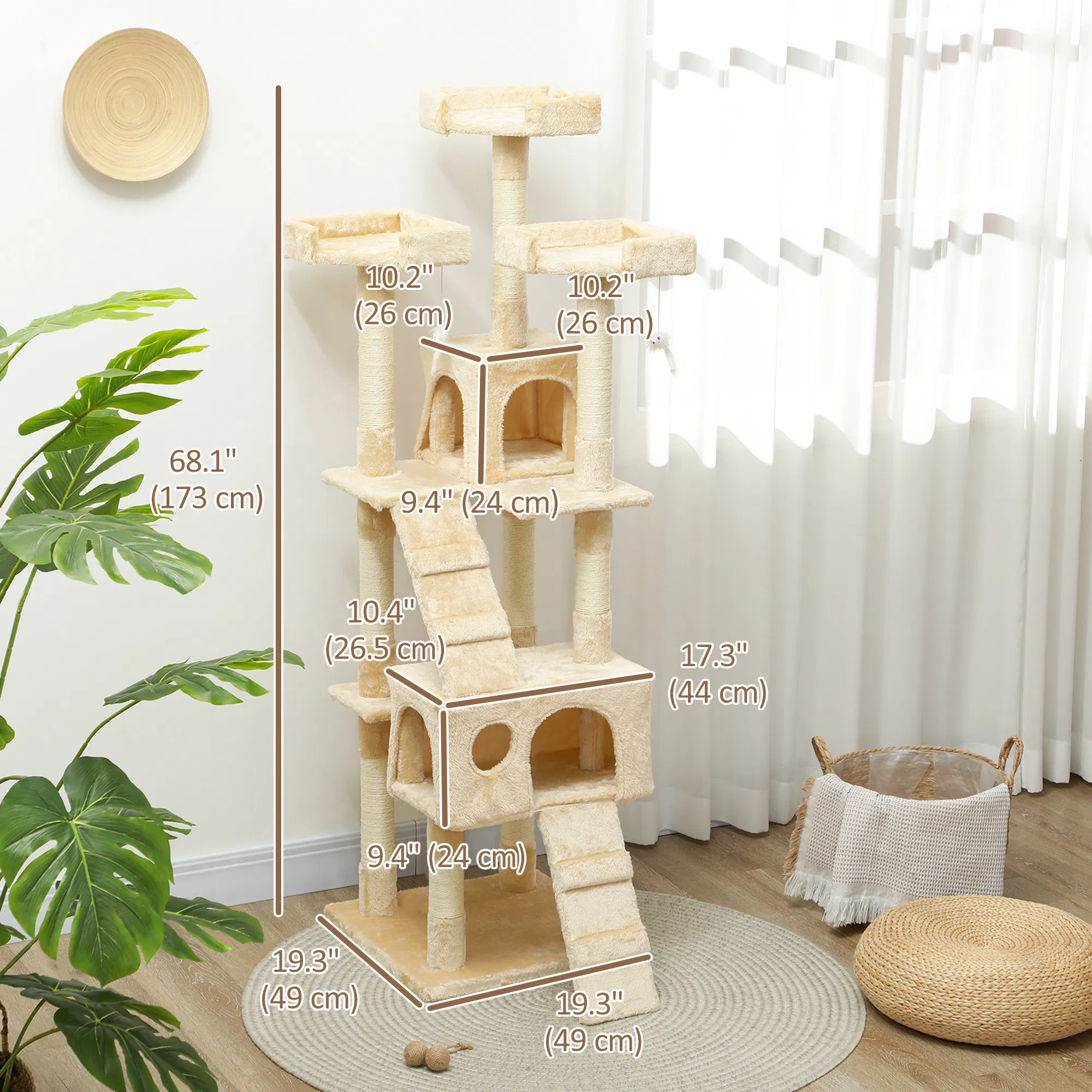 68-inch Multi-Level Cat Scratching Tree Kitty Activity Center Post Tower Condo Pet Furniture w/ Toy Beige photo 6