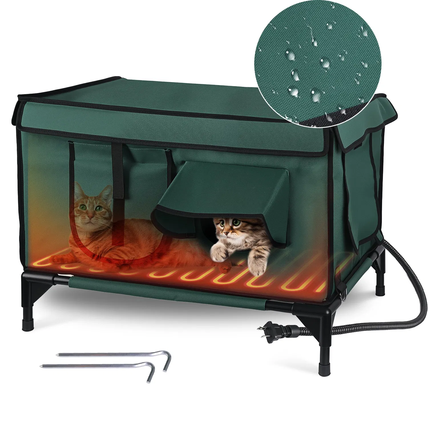Waterproof Heated Cat House Outdoor Weatherproof Insulated Kitty Shelter Feral Cat Heating Bed with Heating Pad Anti-Chew Cord 2 Doors 3 Windows for Indoors Outdoors Winter Summer photo 5