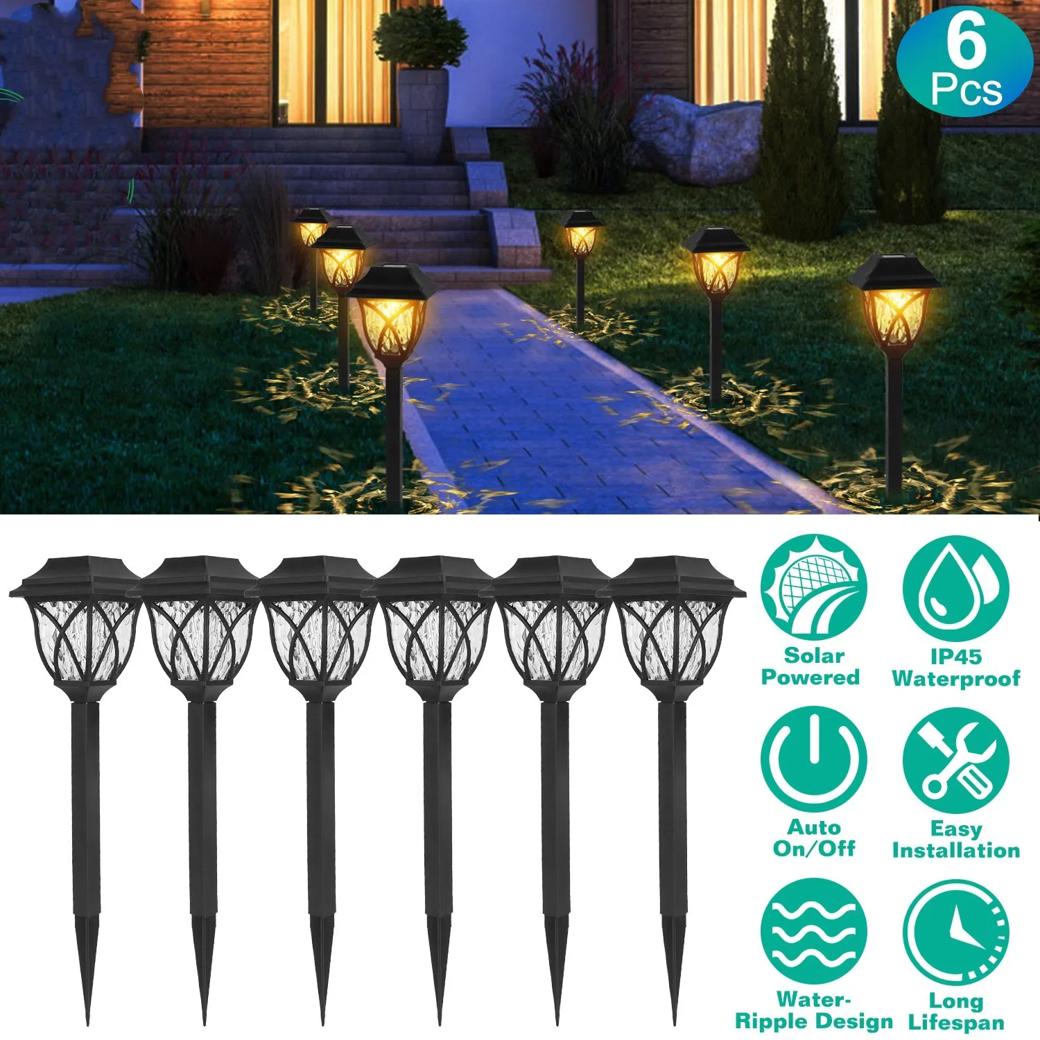 6Pack Solar Powered Stake Light Outdoor Decorative Landscape Lamp IP45 Waterproof Auto On Off Outdoor Light for Pathway Garden Yard Patio photo 1