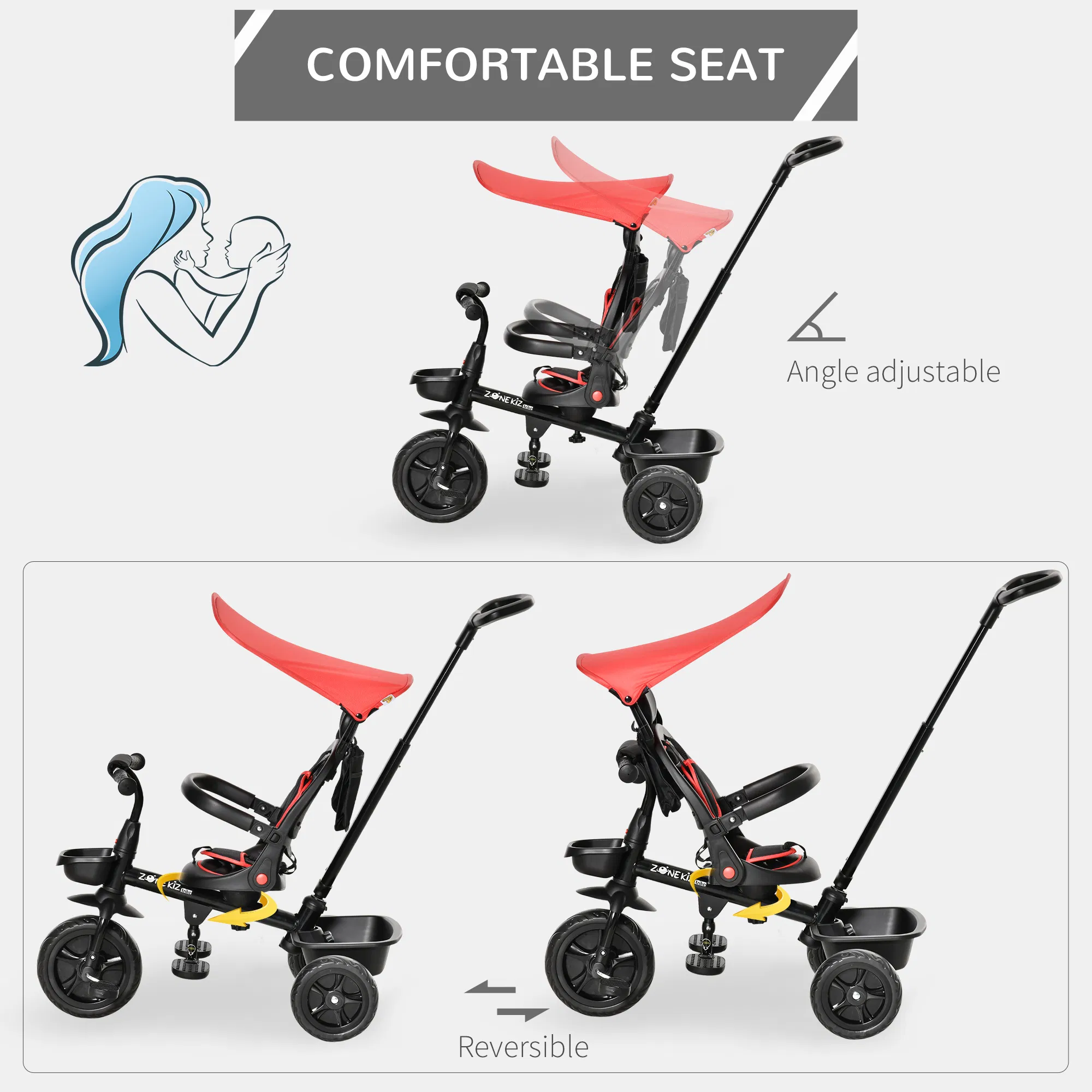 Kids Tricycle 4 In 1 Trike with Reversible Angle Adjustable Seat Removable Handle Canopy Handrail Belt Storage Footrest Brake Clutch for 1-5 Years Old Red photo 5