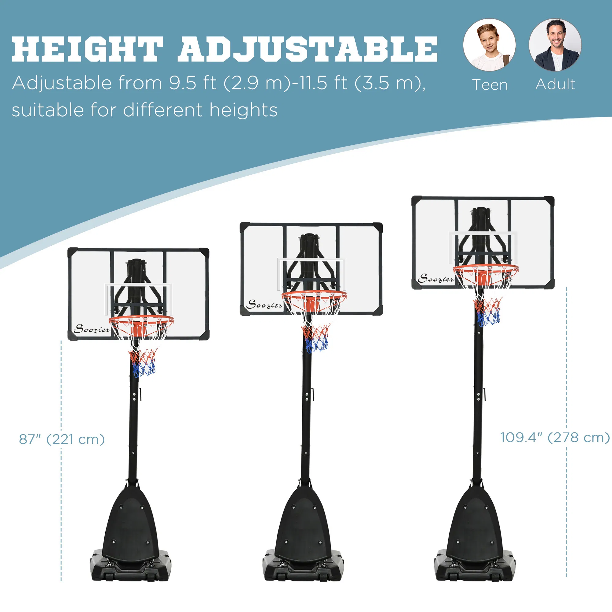 Outdoor Portable Basketball Hoop and Stand with Backboard Weighted Base Wheels, 115.4"-137.8" Height Adjustable photo 4