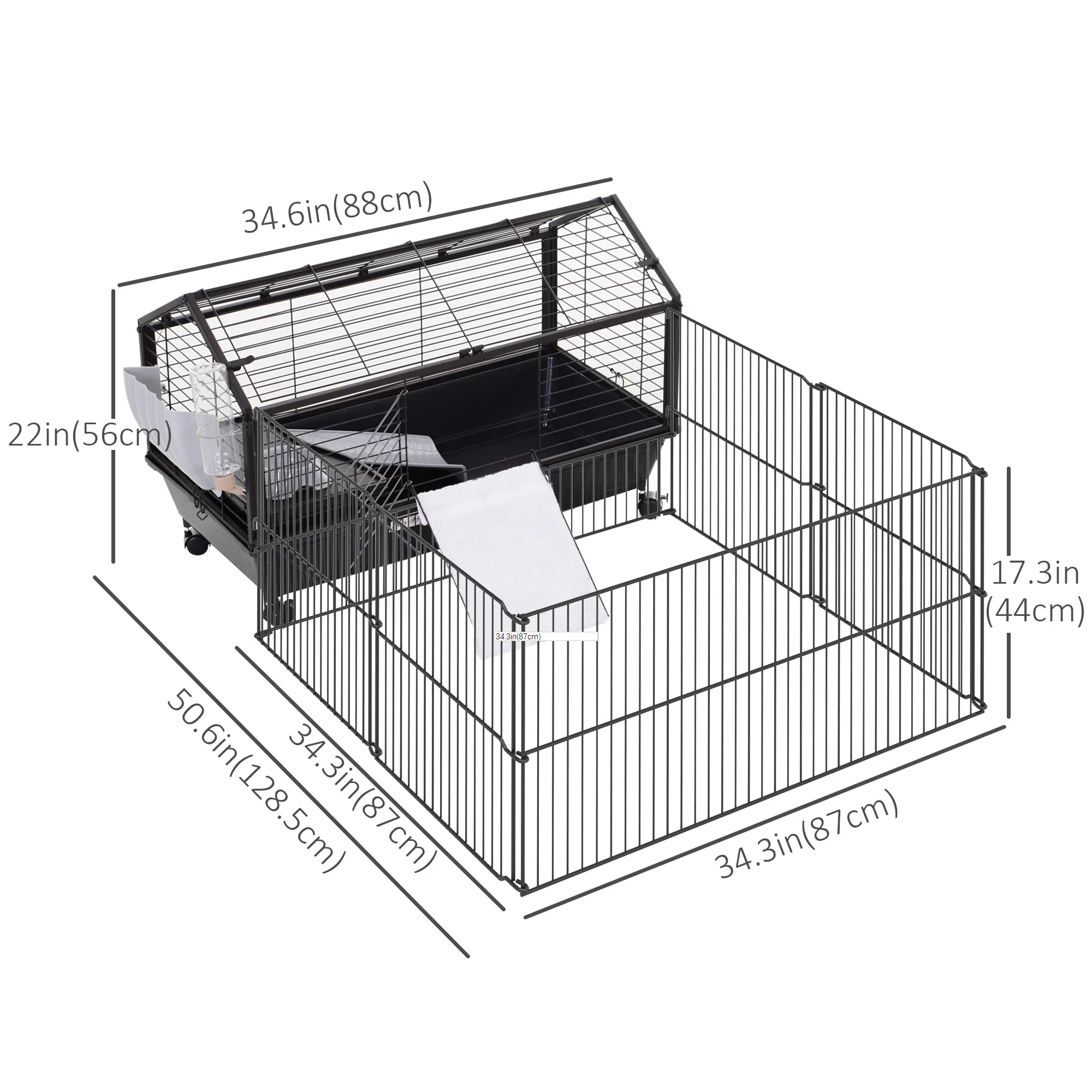 Metal Small Animal Cage, Rabbit Cage for Guinea Pig Chinchilla Hedgehog Bunny with Removable Wheels and Foldable Detachable Run Fence, 34.6" L x 50.6" W x 22" H photo 5