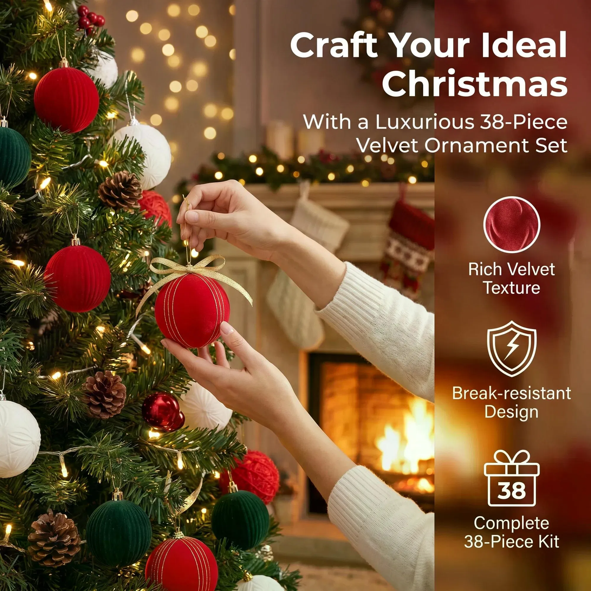 38Pcs Velvet Christmas Tree Ornaments Set, Plush Flocked Christmas Balls, Poinsettia Flower, Star, Bow, Merry Christmas Wooden Sign, Xmas Hanging Decorations for Home Holiday Party Decor photo 6