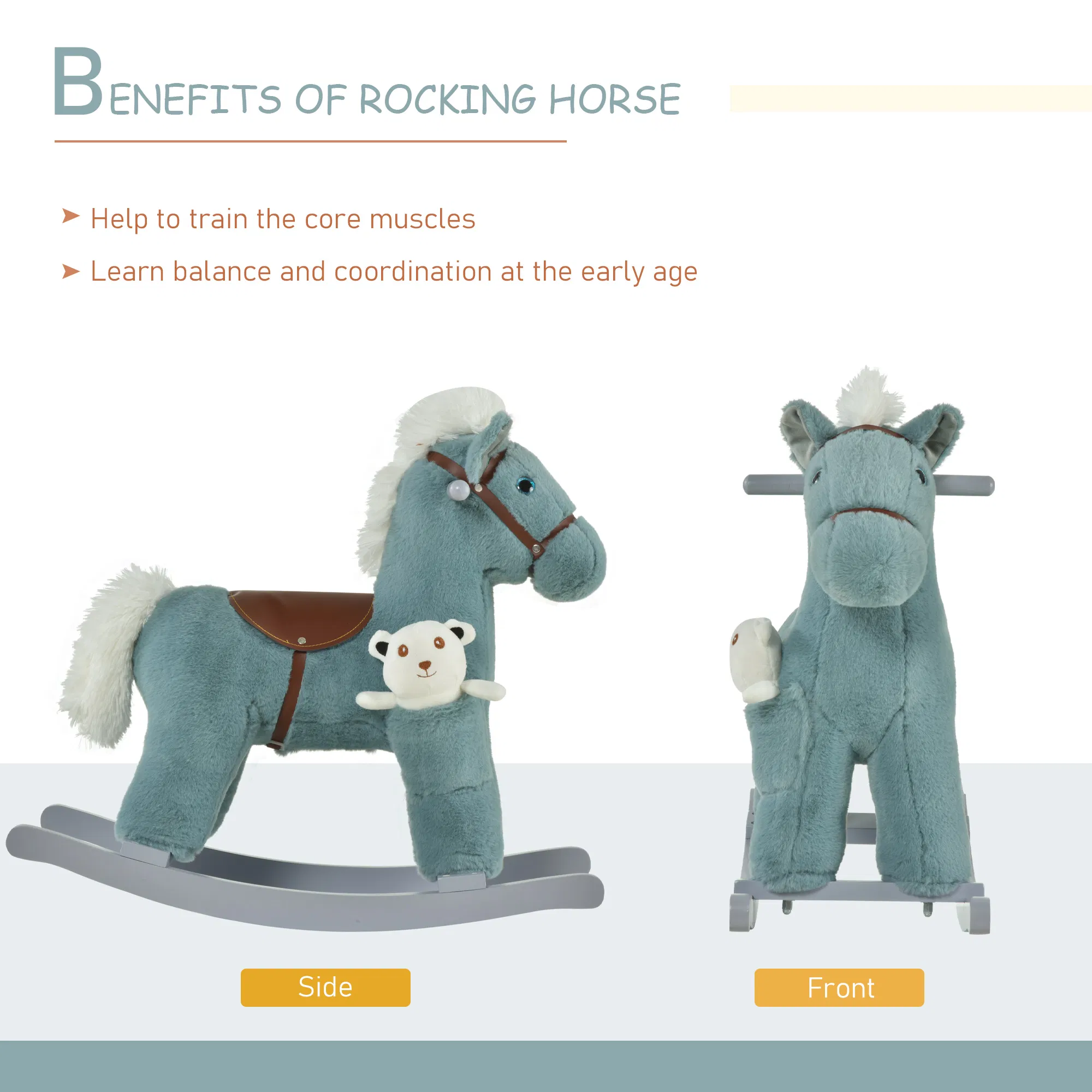 Kids Plush Ride-On Rocking Horse with Bear Toy, Children Chair with Soft Plush Toy & Fun Realistic Sounds, Blue photo 3