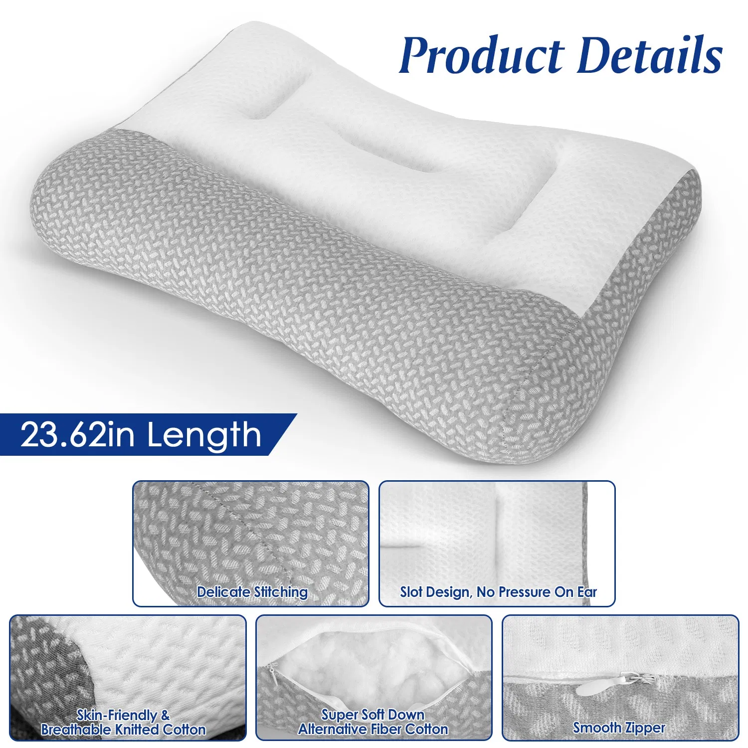 Contoured Dual-Height Bed Pillow with Ear Slot, Breathable Knit Mesh Cover, Down-Alternative Filling Pillow for Household Bedroom Sleeping photo 2