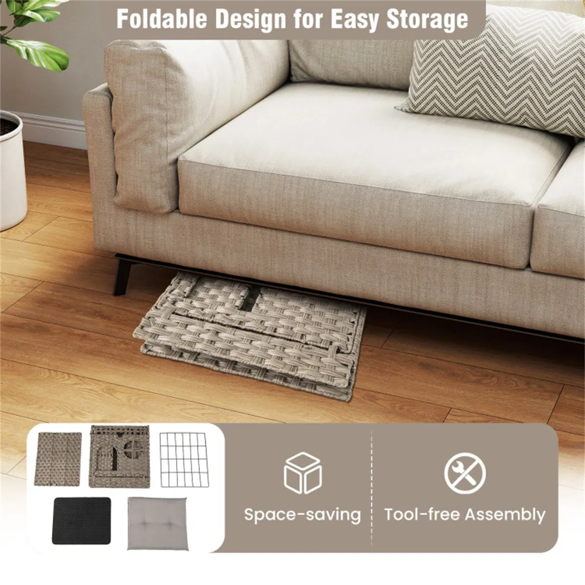 2-Tier Wicker Cat Condo with Litter Mat - Hidden Litter Box Enclosure, Detachable Washable Cushion, Gray Rattan photo 3
