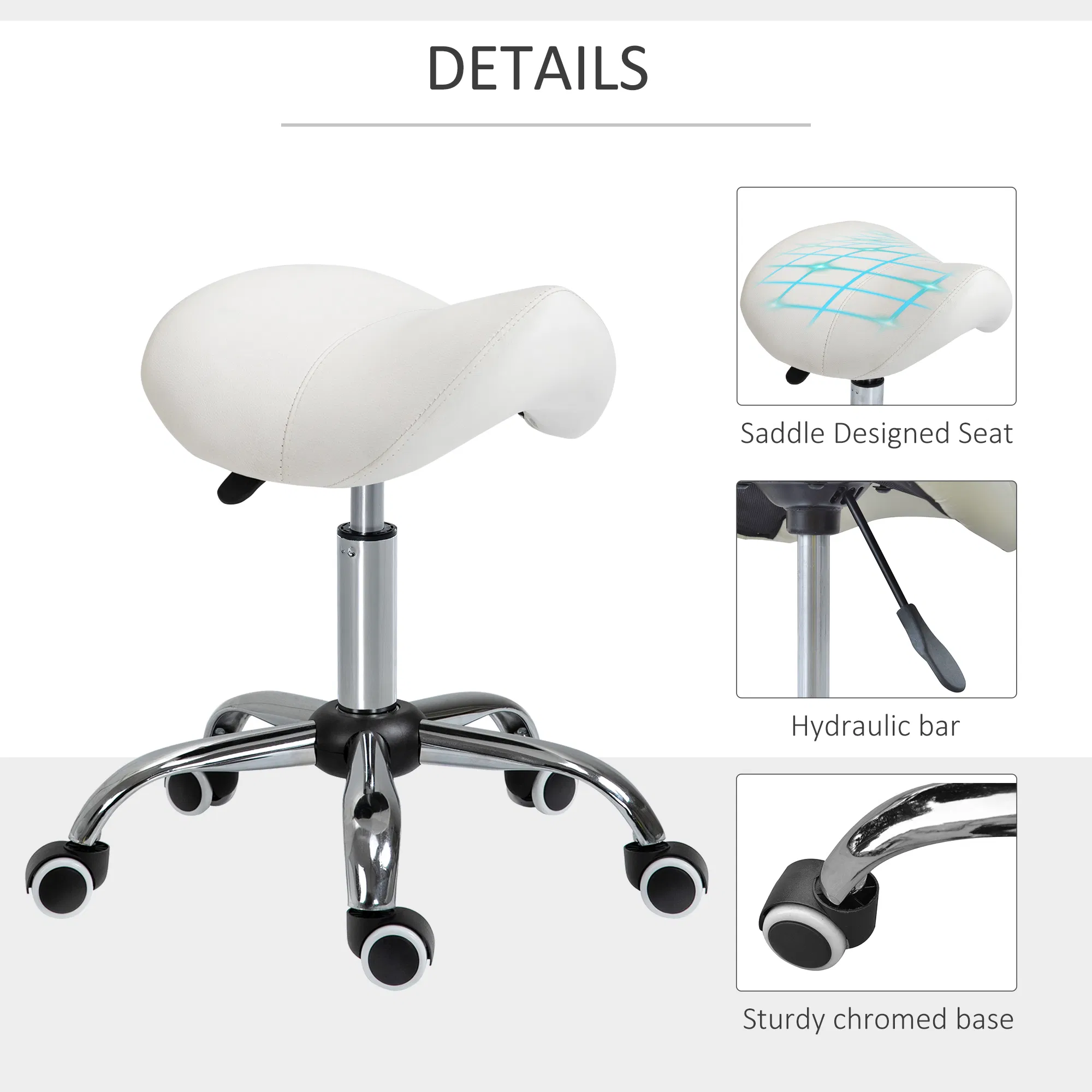 Cream White Rolling Salon Stool: Adjustable Hydraulic Swivel Saddle Chair, PU Leather Spa Beauty Seat photo 5