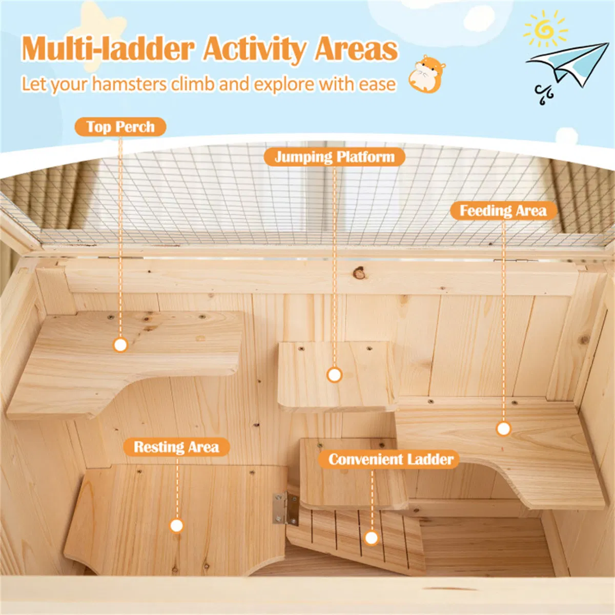 31.5 " Fir Wood Hamster Cage with Flip Mesh Roof, Multi-Level Activity Areas & Bottom Storage Shelf photo 7
