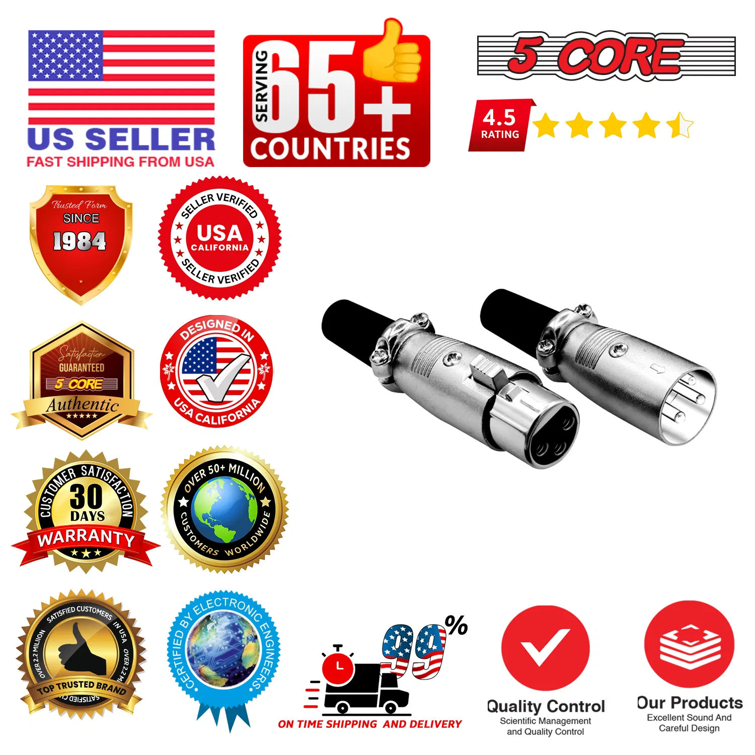 5Core XLR Connector Male Female to 1/4 Audio Jack 3 Pin Secure Mic Plug w Locking Ends photo 2