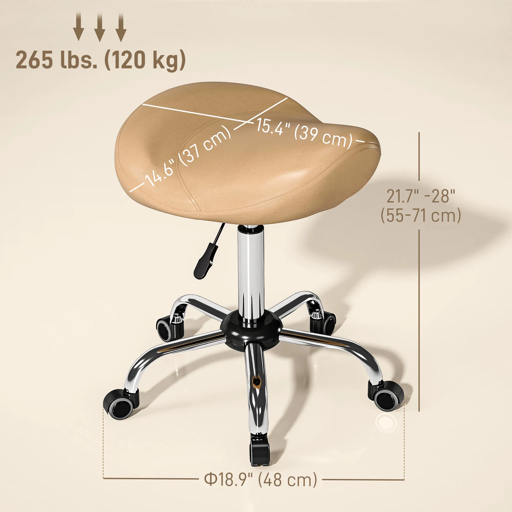 Saddle Stool, Height Adjustable Rolling Salon Chair with PU Leather for Massage, Spa, Clinic, Beauty and Tattoo, Brown photo 3