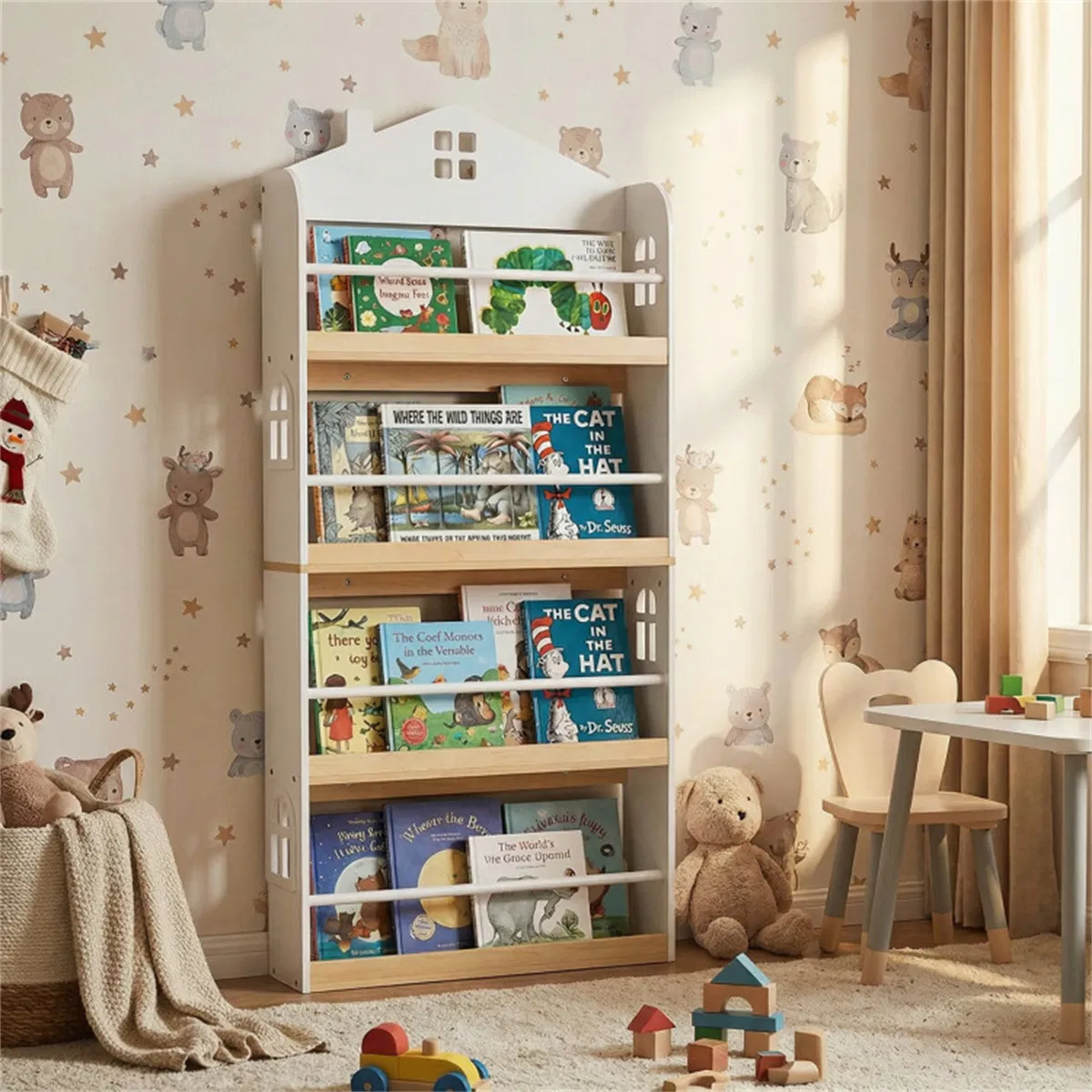 4-Tier House-Shaped Kids Bookshelf, 60.96×15.24×129.54 cm Front-Facing Book Rack with Anti-Toppling Kits for 3+ Years, White & Natural photo 6