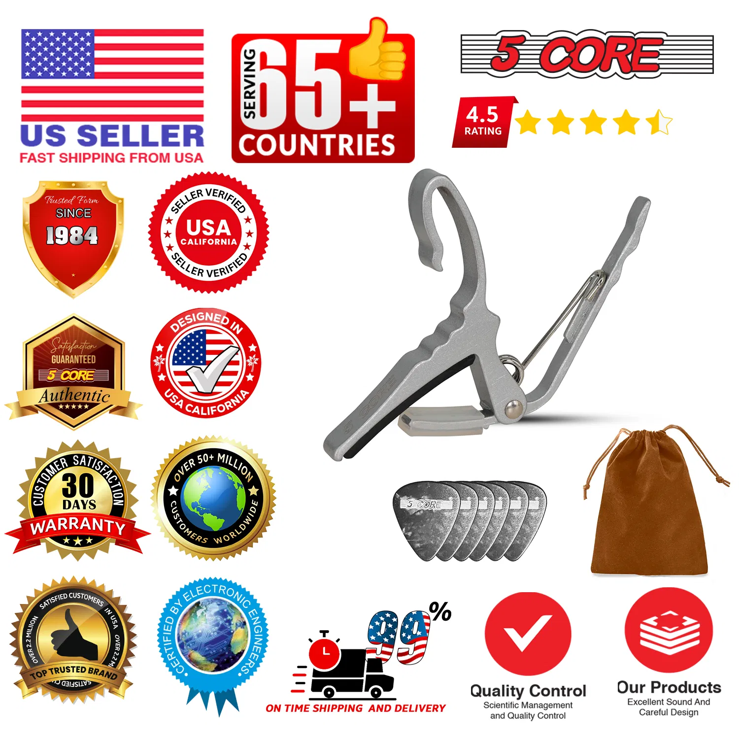 5 Core Guitar Capo Quick Change Acoustic Electric String Clip Banjo Mandolin Or Ukulele photo 5