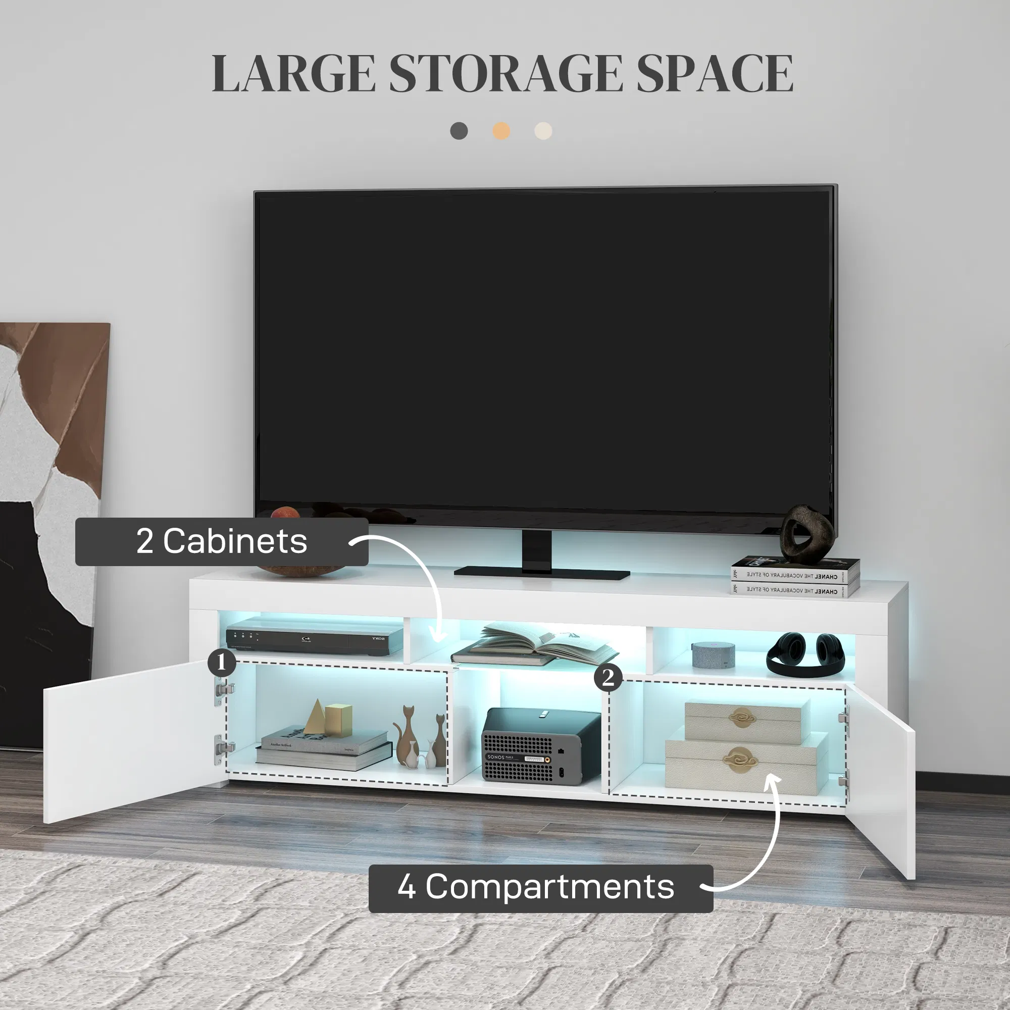 Modern TV Stand with Storage and LED Lights for TVs up to 55", TV Cabinet with Open Compartments, High Gloss White photo 3