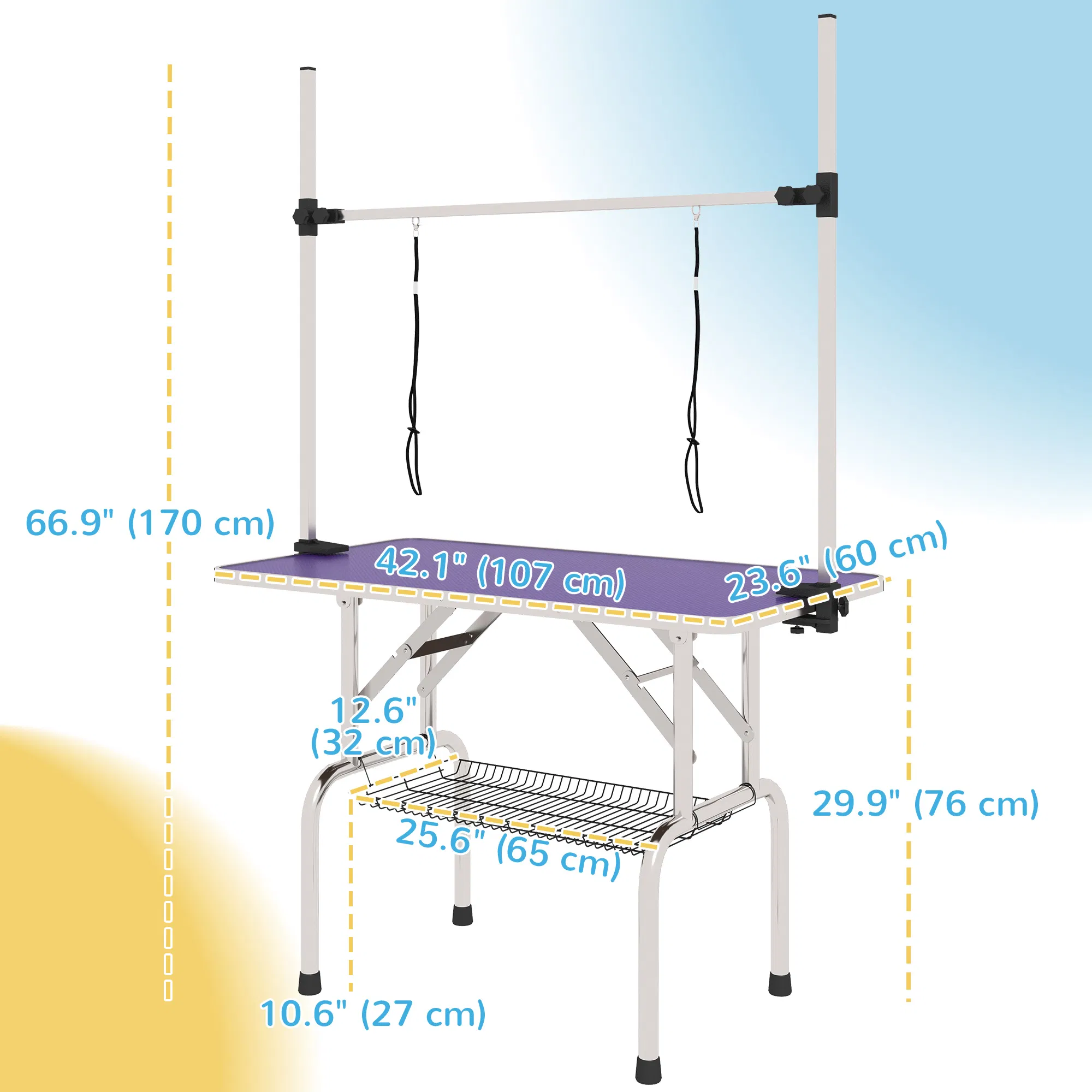 Adjustable Dog Grooming Table with 2 Safety Slings, Storage Basket, Purple photo 4