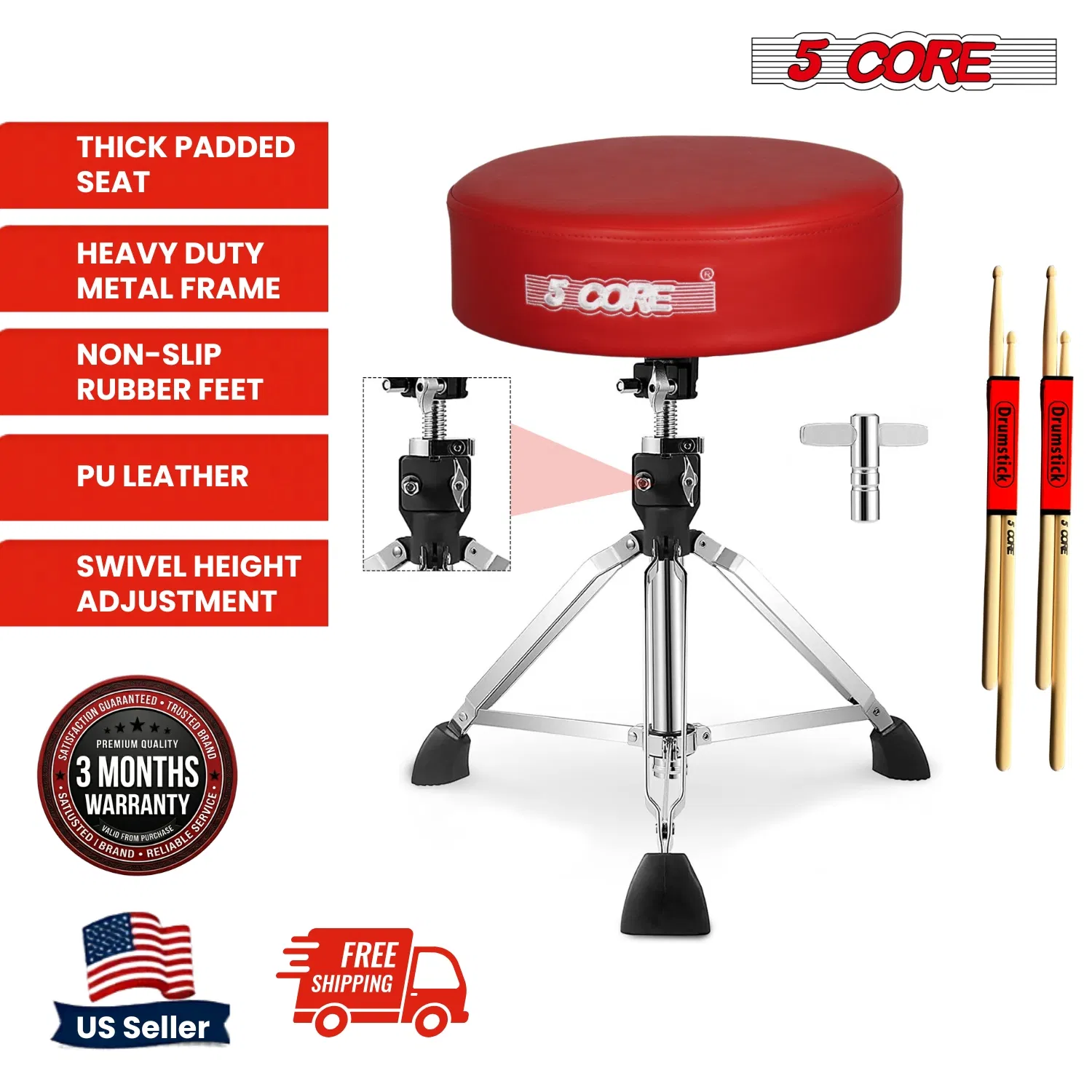 5 Core Drum Throne 4" Thick Padded Guitar Stool 400Lb Capacity Drummer Chair Swivel Adjustable photo 6