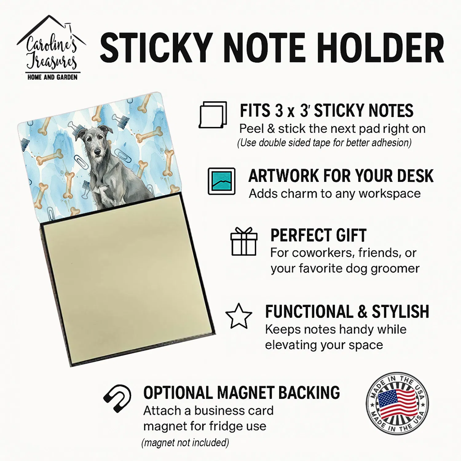 Gray Irish Wolfhound Coworker Watercolor Sticky Note Holder Refillable Dispenser Desk Accessory 3x3 Pad Gift photo 2