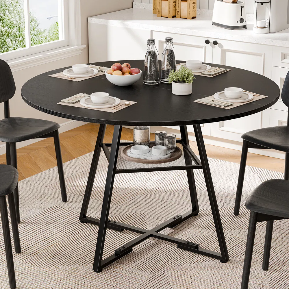 Round table, suitable for 4 to 6 people, a space-saving kitchen table with double-layer storage function, metal base frame photo 8