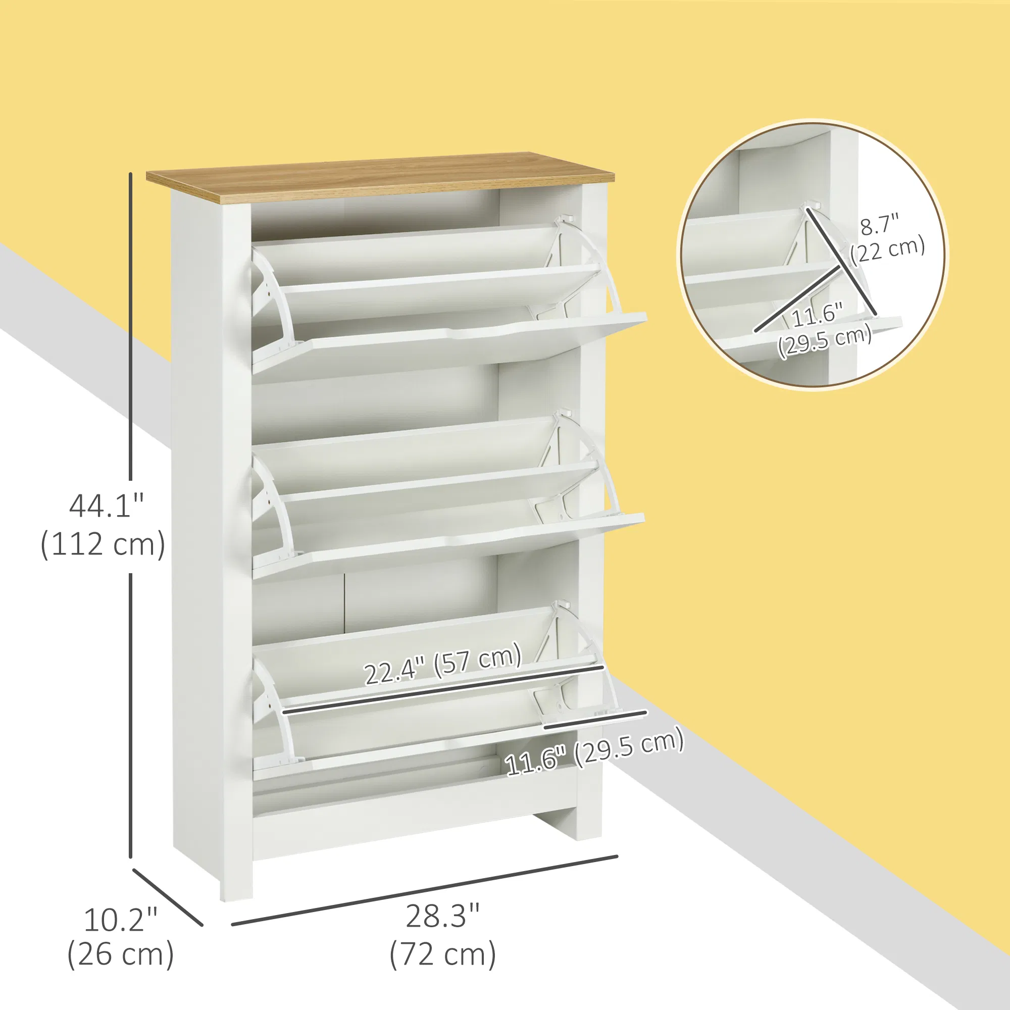 Shoe Storage Cabinet with 3 Flip Drawers and Adjustable Shelves for 9-18 Pairs of Shoes, White photo 2