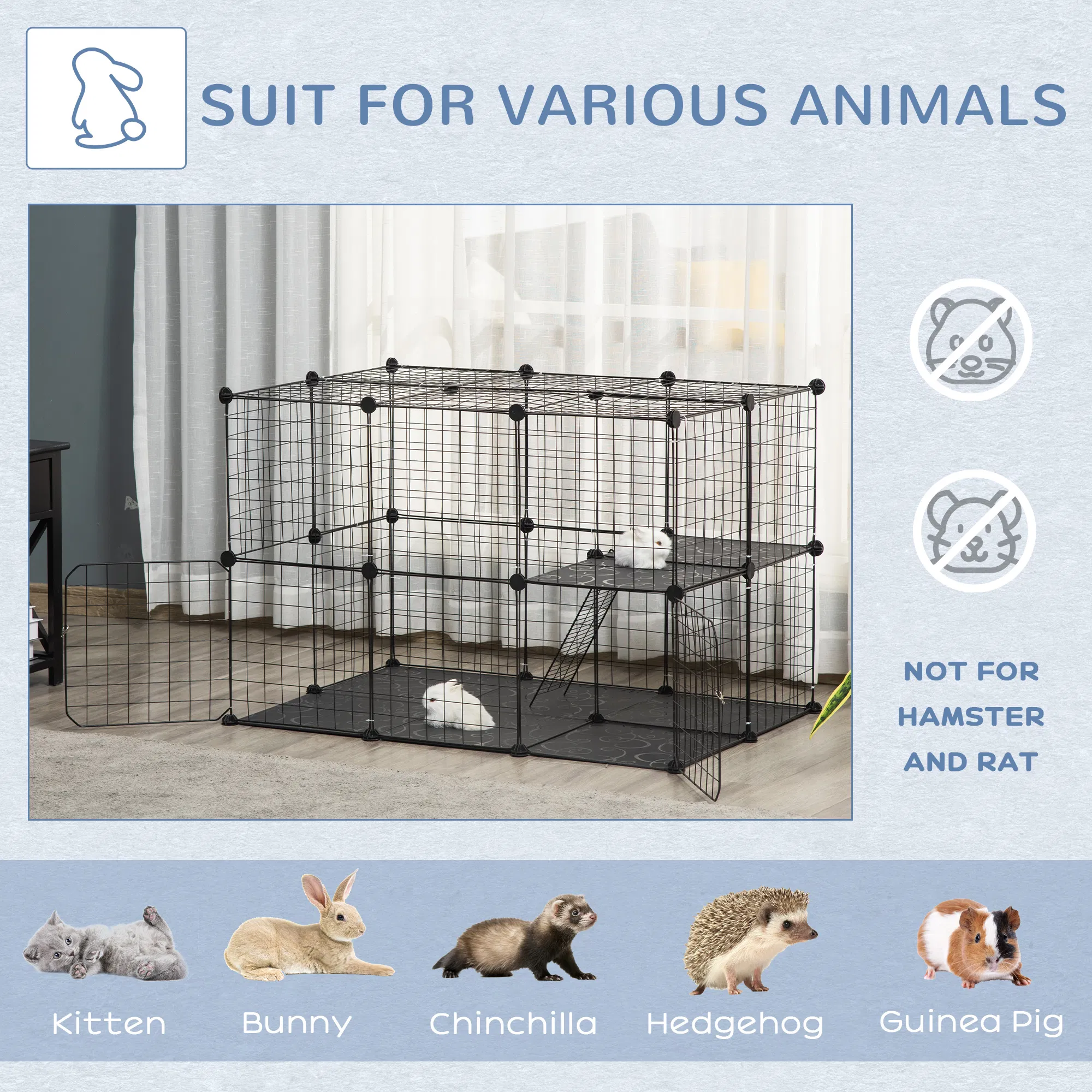 39 Pcs Small Animal Cage Bunny Hutch Portable Metal Wire with Ramps for Kitten Chinchilla, Black photo 4