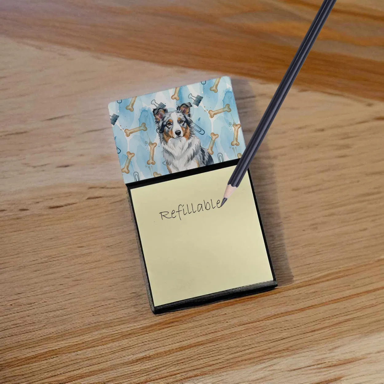 Blue Merle Border Collie Coworker Watercolor Sticky Note Holder Refillable Dispenser Desk Accessory 3x3 Pad Gift photo 2