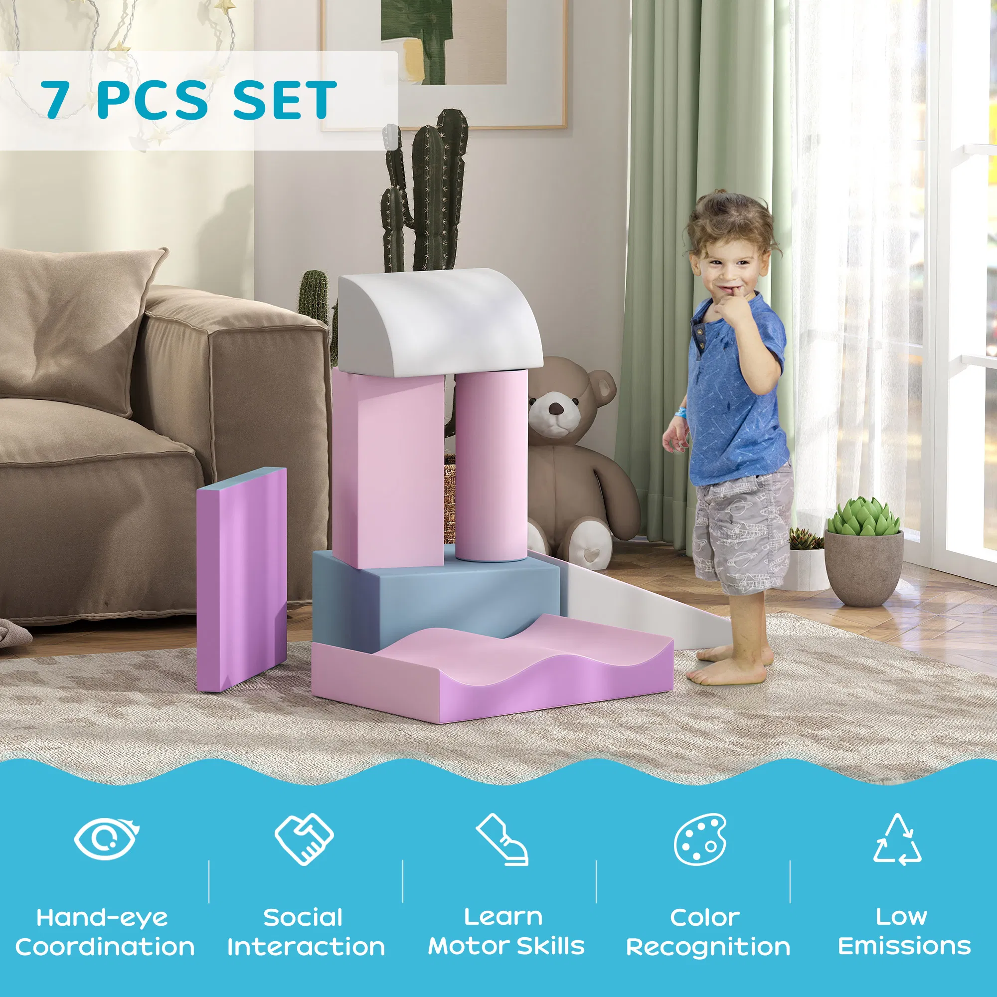7 Pieces Soft Play Foam Climbing Blocks, Indoor Modular Kids Play Toys for Climbing, Crawling, Sliding, Light Colour photo 2