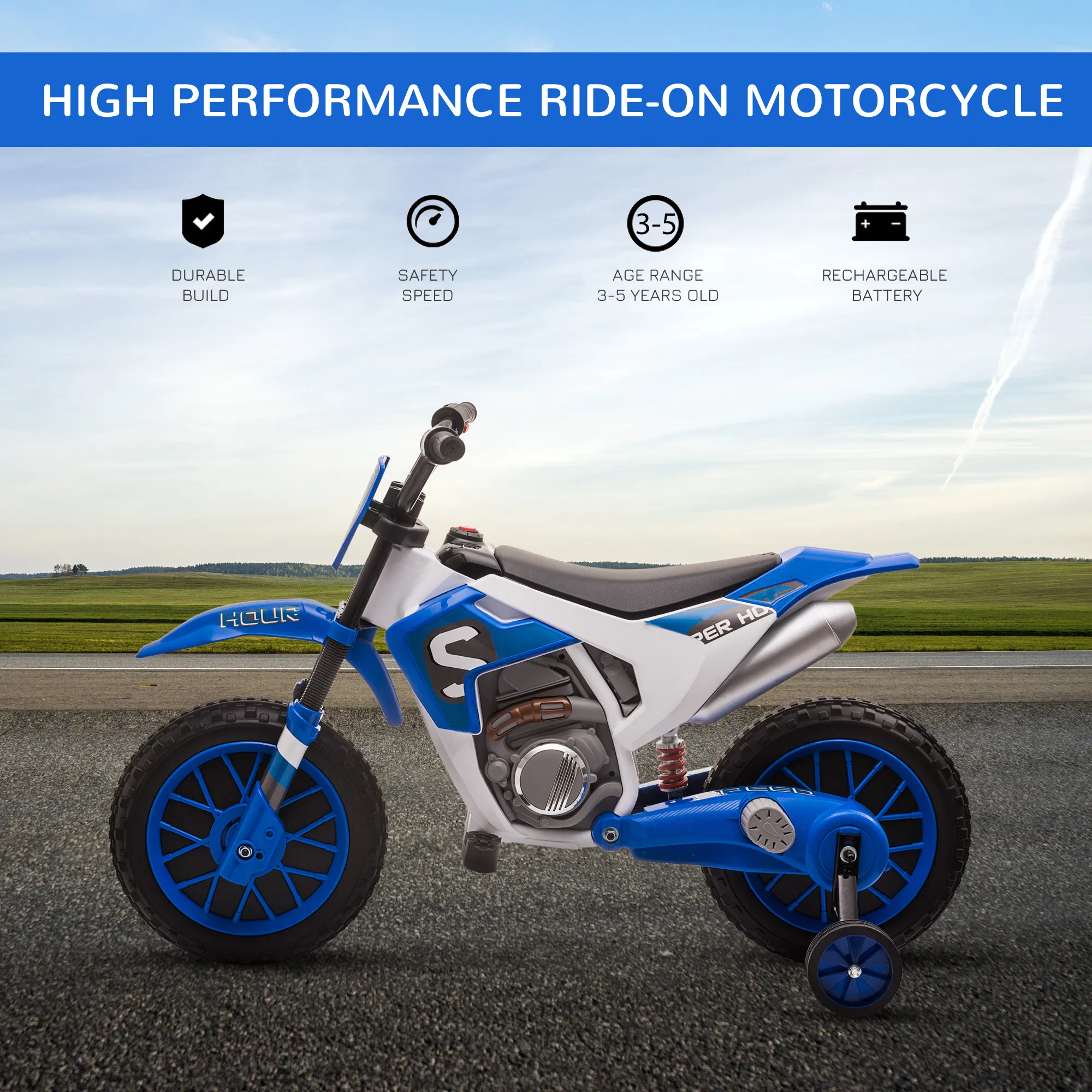 Kids Dirt Bike Battery-Powered Ride-On Electric Motorcycle with Charging 12V Battery, Training Wheels Blue photo 4