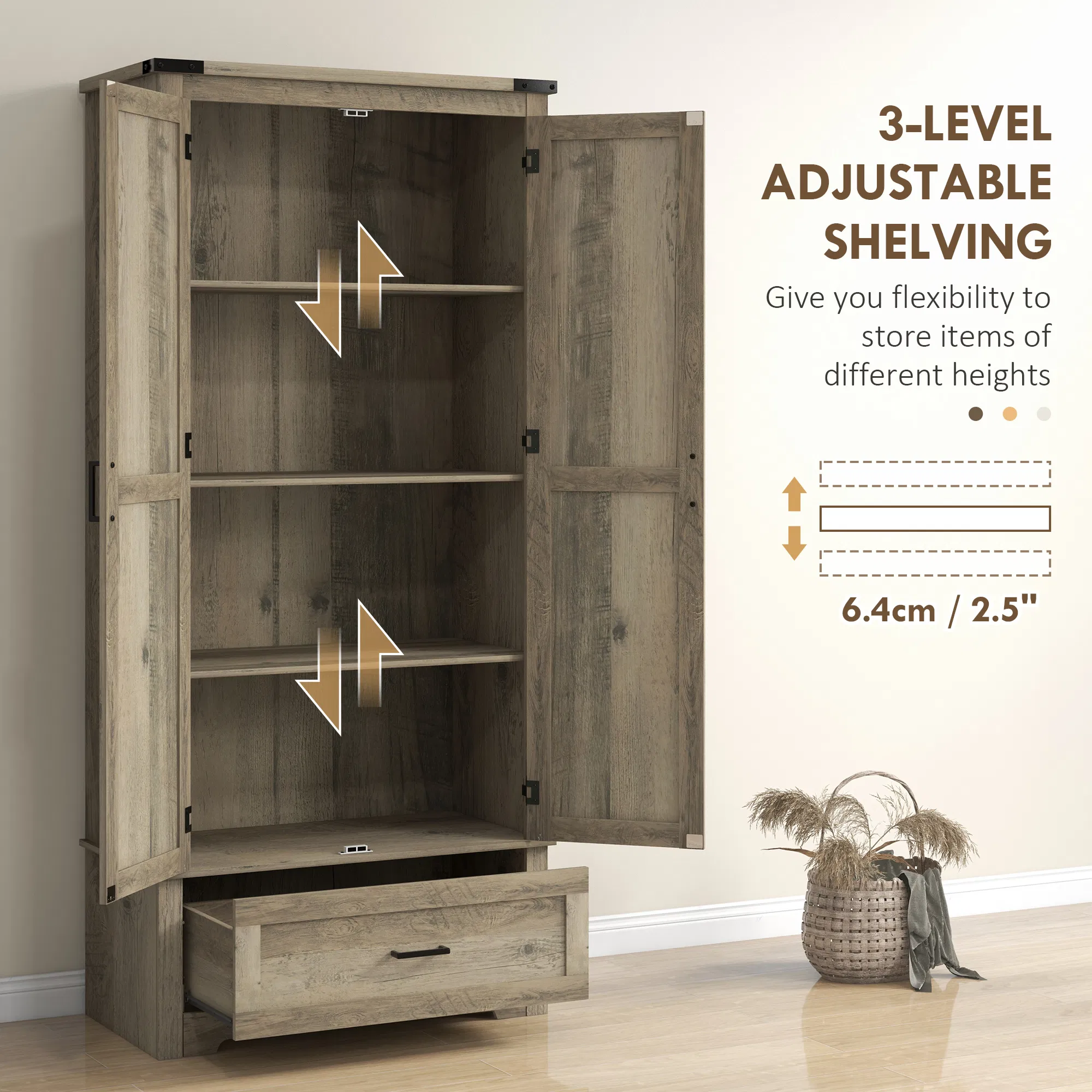 69" Tall Farmhouse Kitchen Pantry Cabinet with 2 Doors, Drawer and Adjustable Shelves, Grey photo 3
