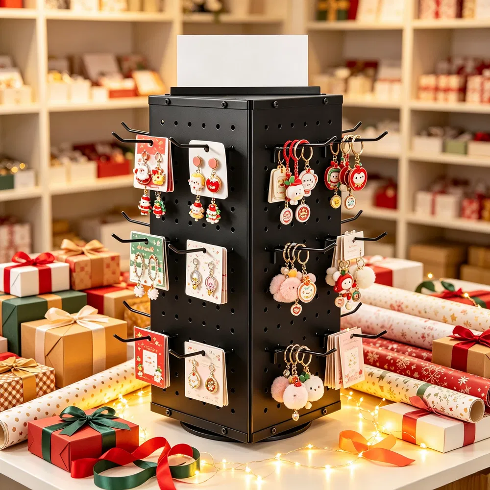7.4 x 7.4 x 17 in Rotating Pegboard Display Stand, 4-Sided Spinning Retail Organizer with 24 Hooks for Grocery & Jewelry Shop photo 7
